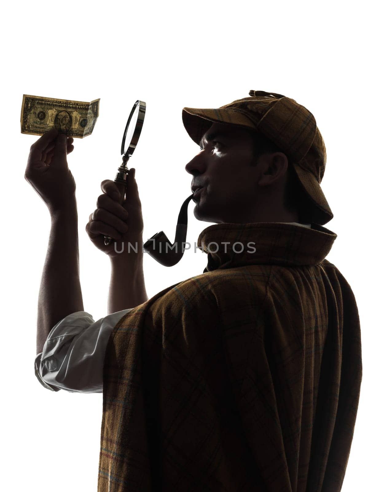 sherlock holmes silhouette in studio on white background