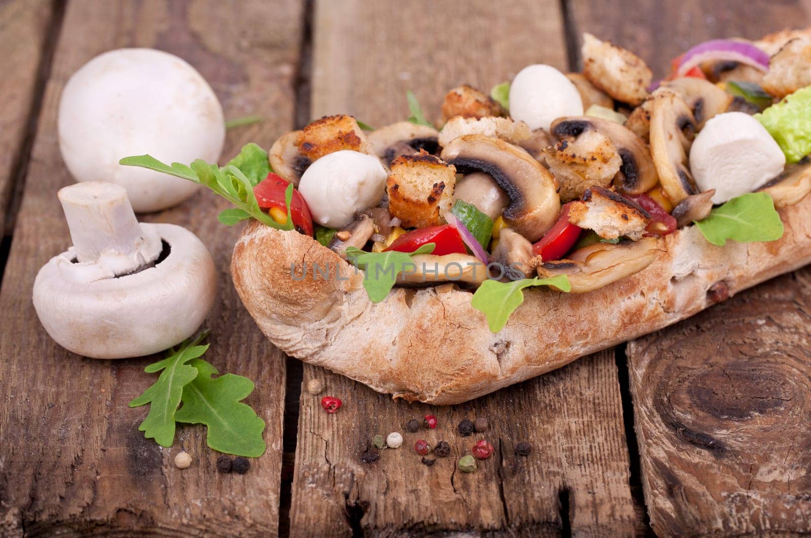 Ciabatta baguette with fresh mushrooms
