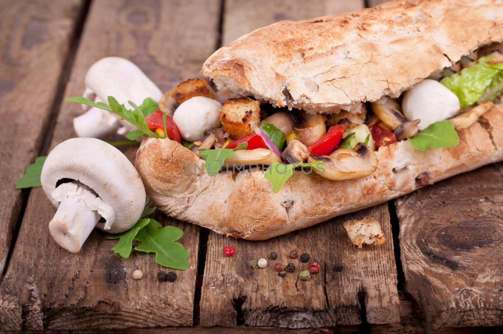 Ciabatta baguette with fresh mushrooms
