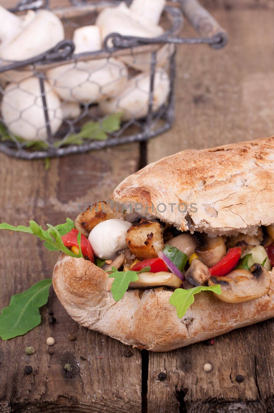 Ciabatta baguette with fresh mushrooms