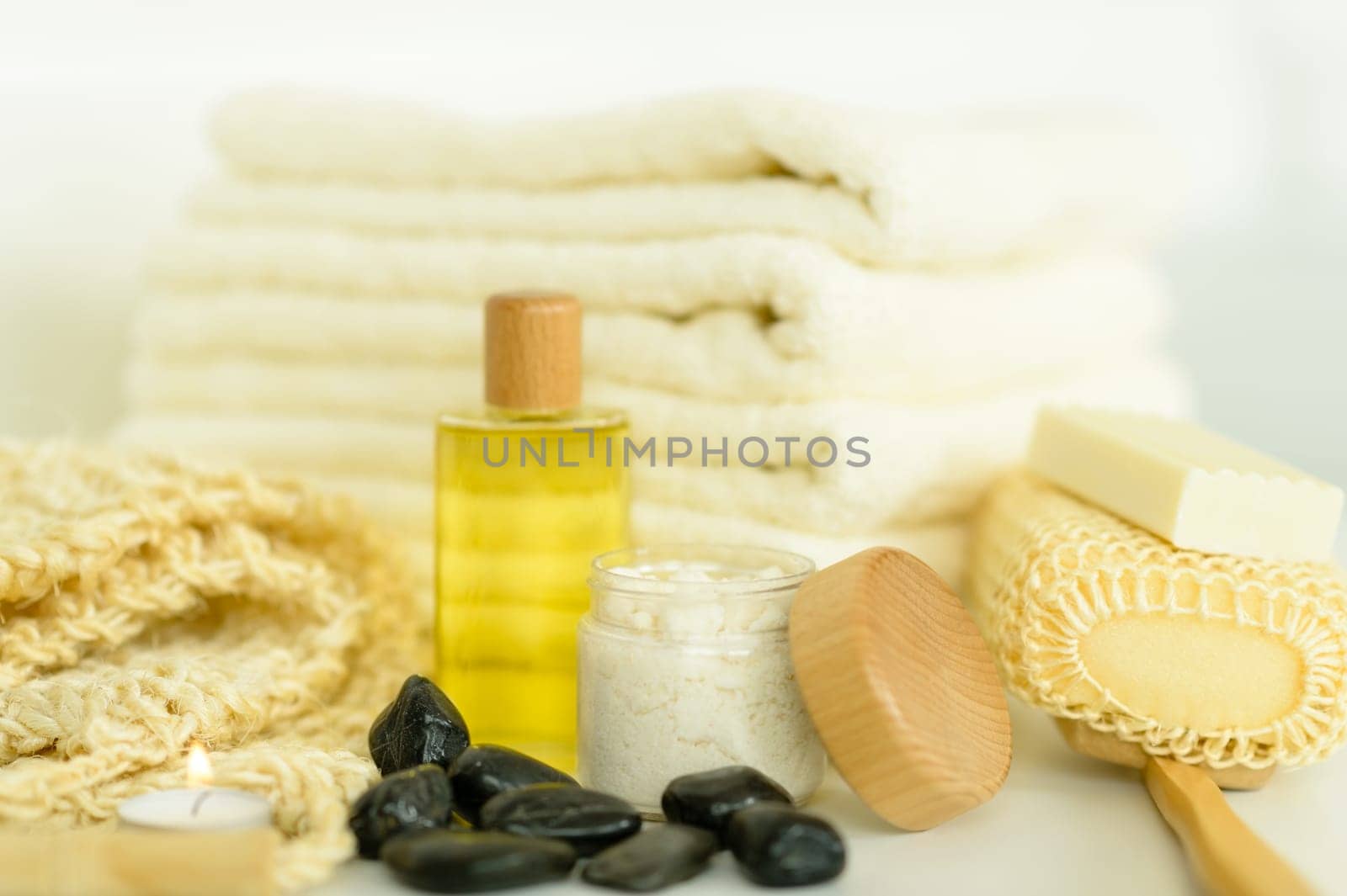 Close-up of spa body care products wellness treatment