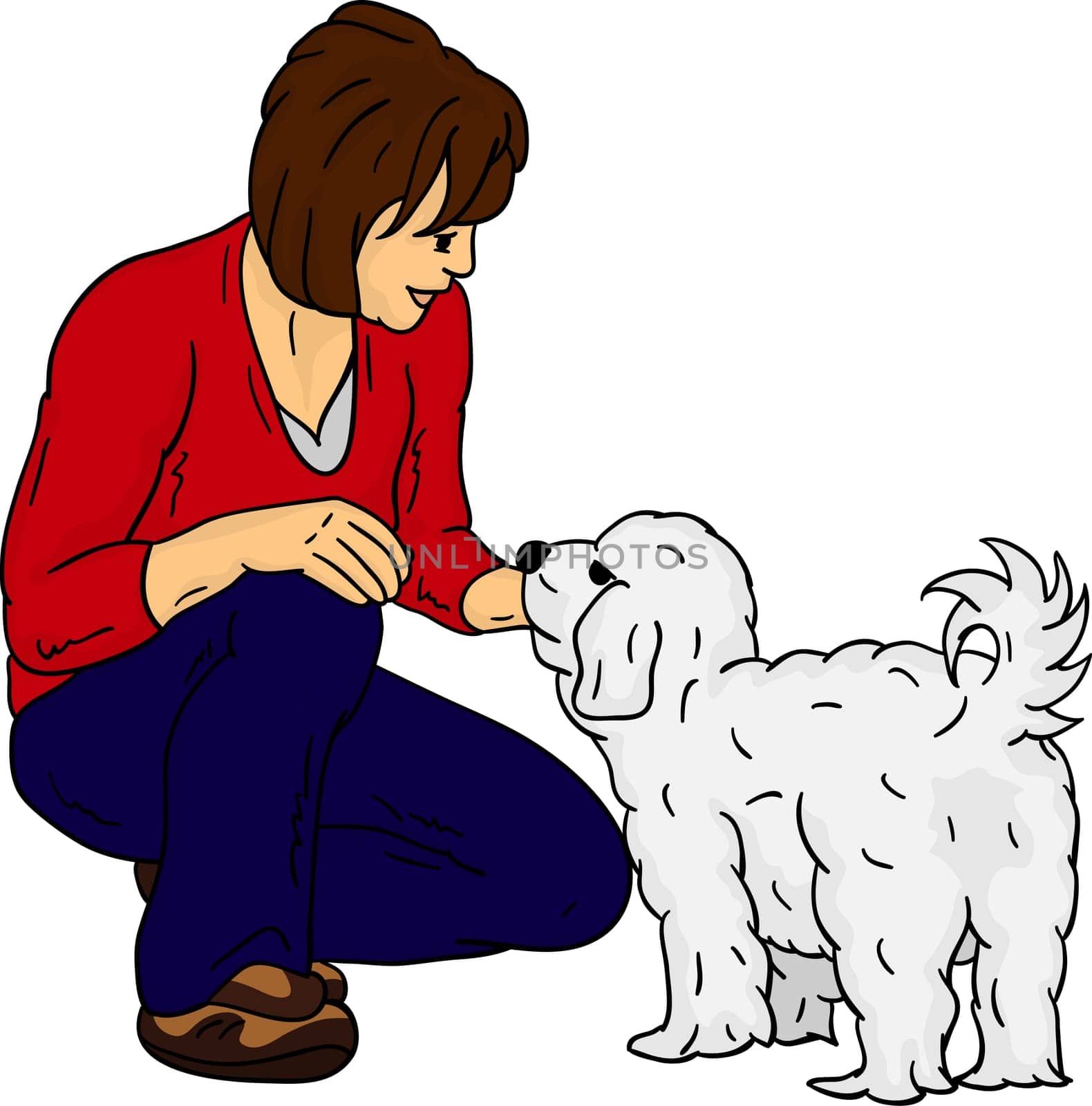 vector - girl with dog isolated on background ,color and black contour