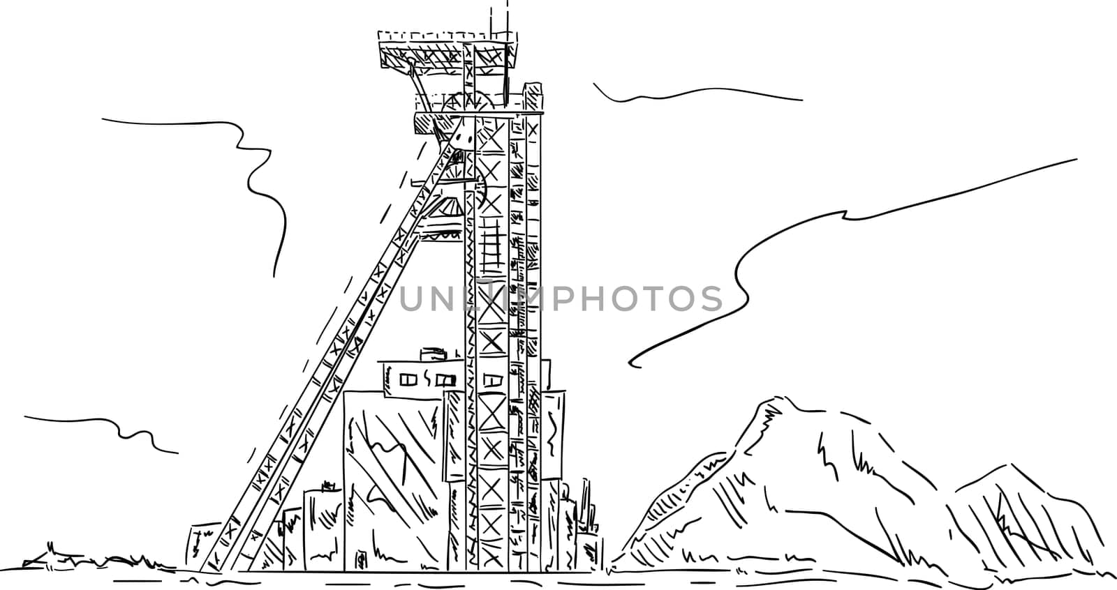 vector - Coal mine headgear tower, hand draw