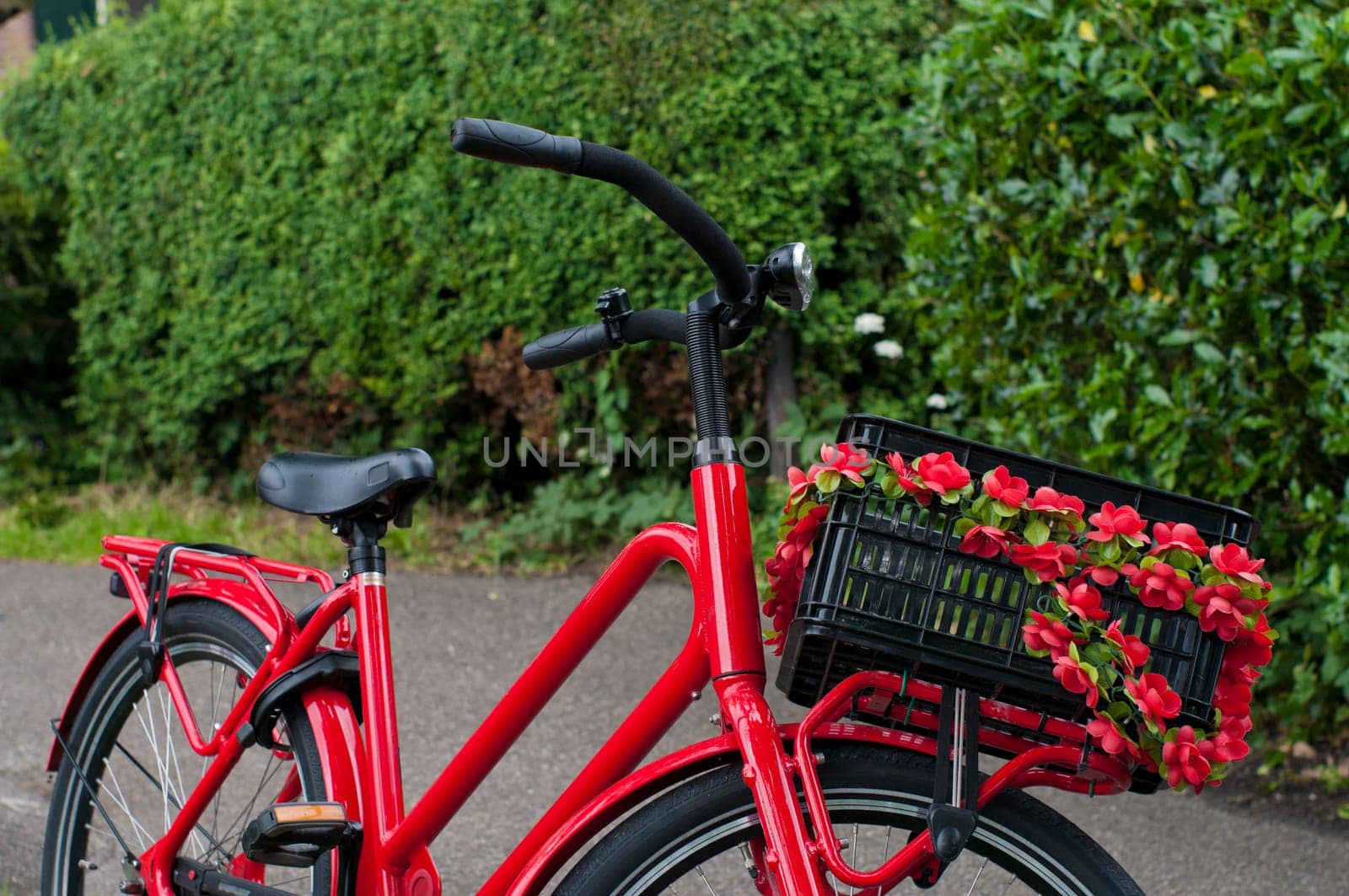 red bicycle with flower basket on it