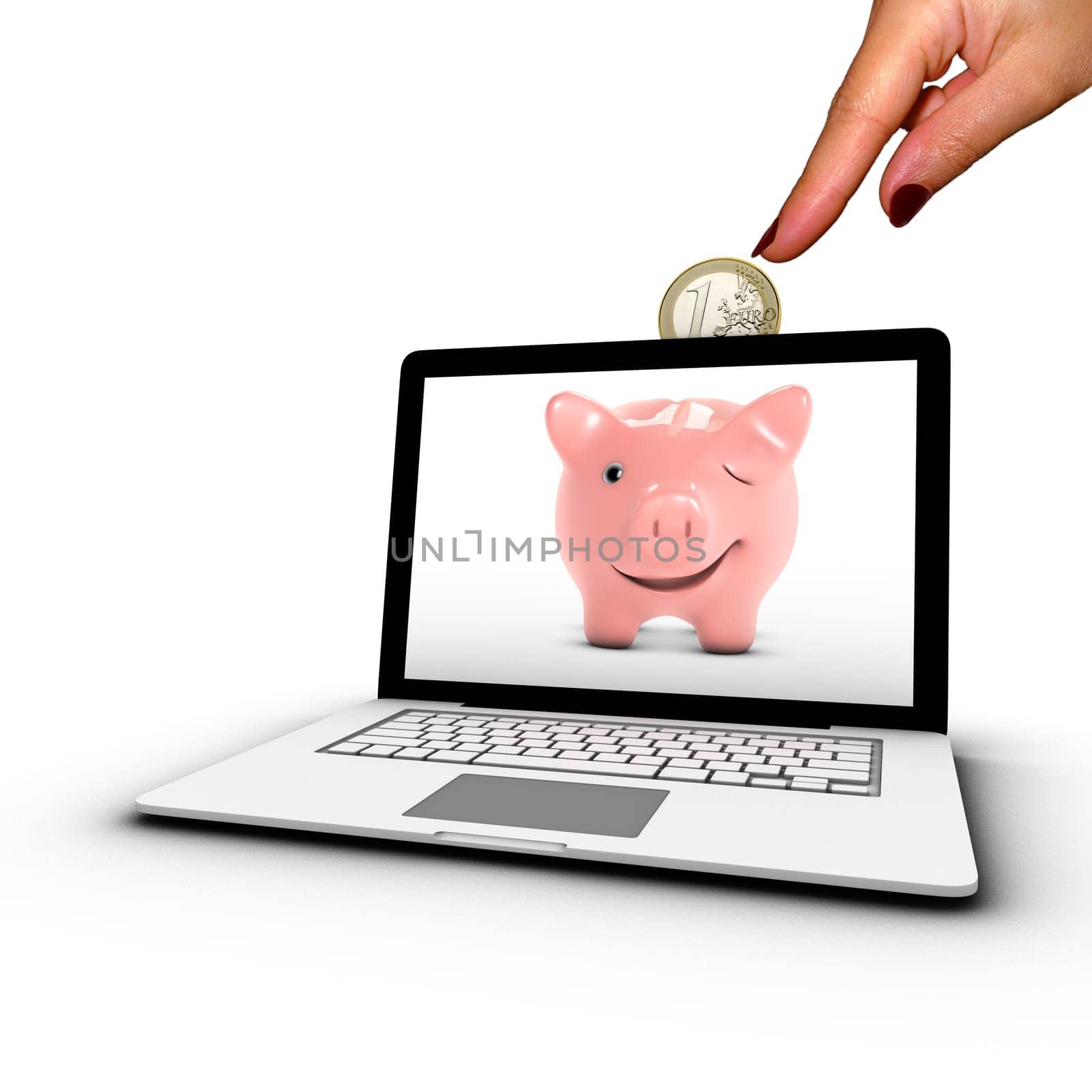 Woman's hand inserting a coin into a laptop. Concept of online bank placement.