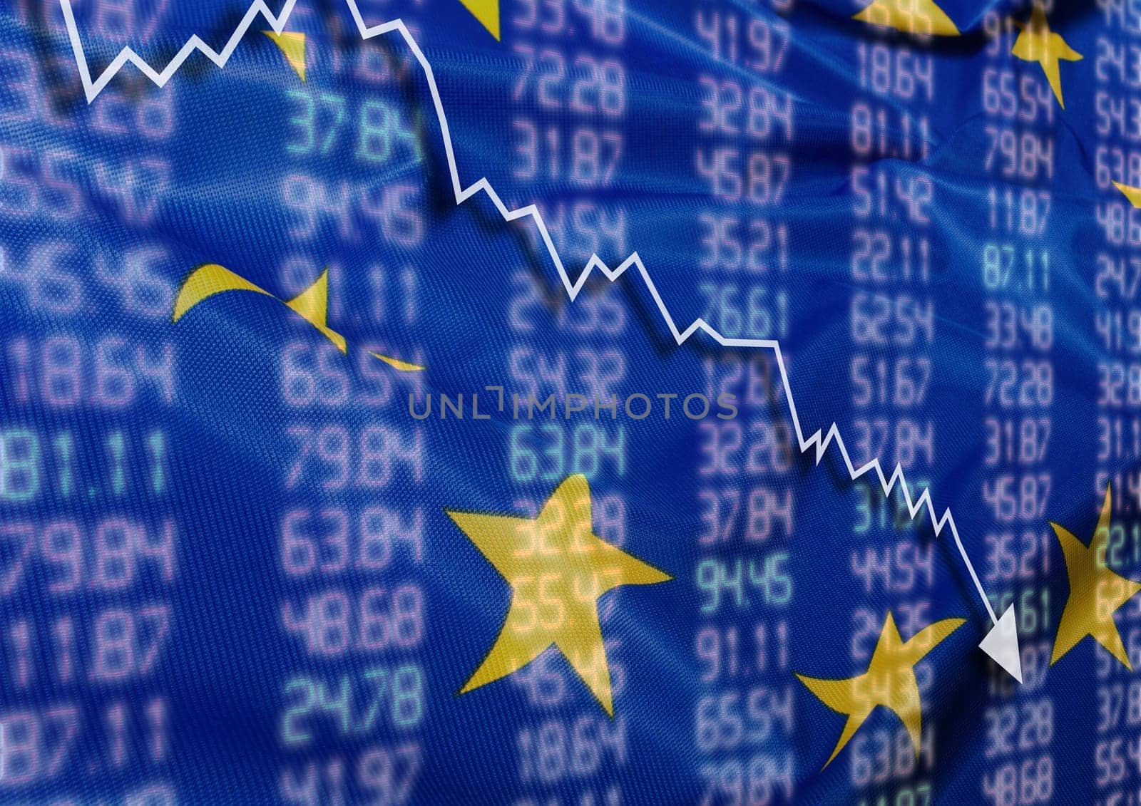 Crisis in Europe - Shares Fall Graph on European Union Flag
