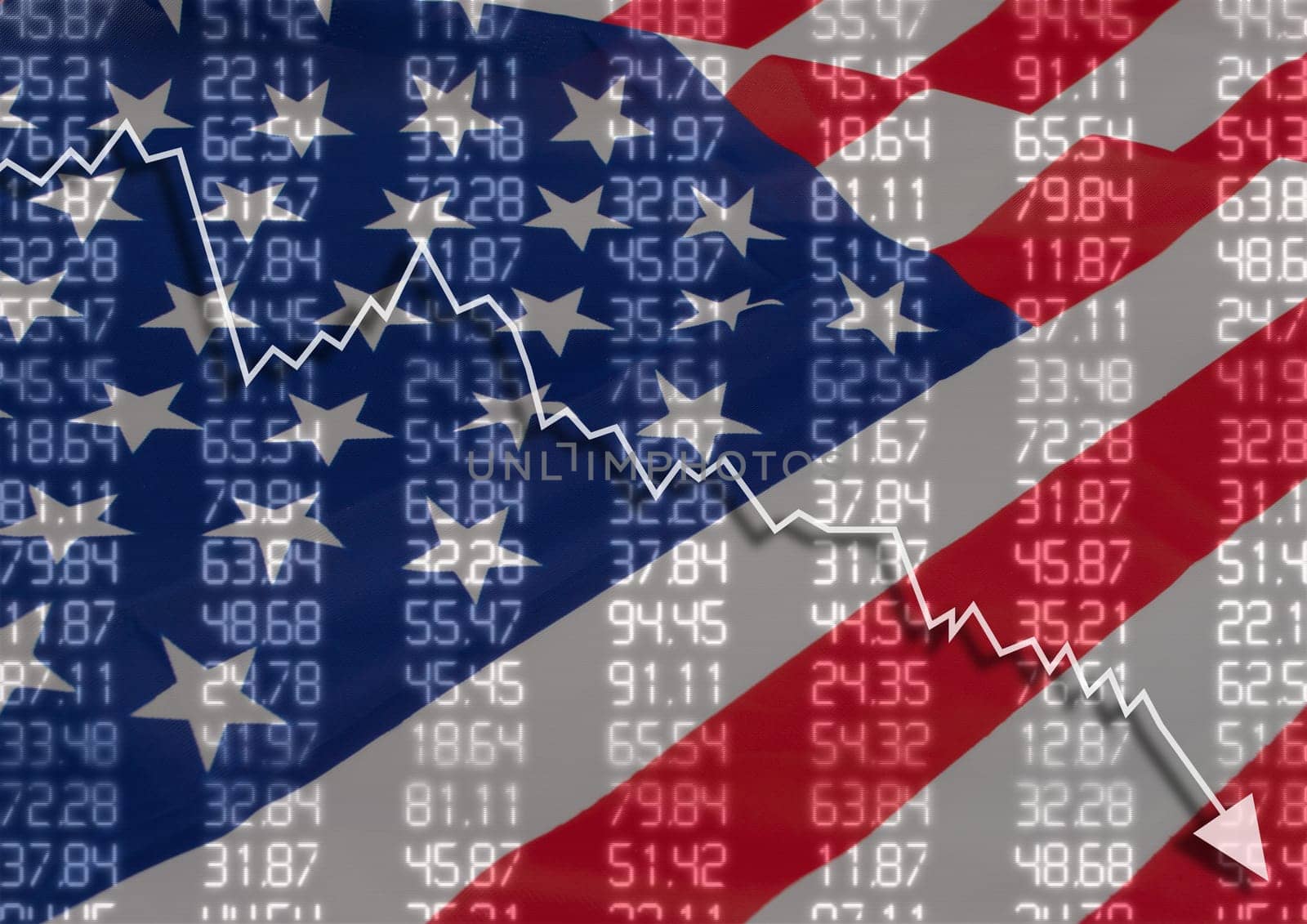 Crisis in USA - Shares Fall Graph on United States of America Flag
