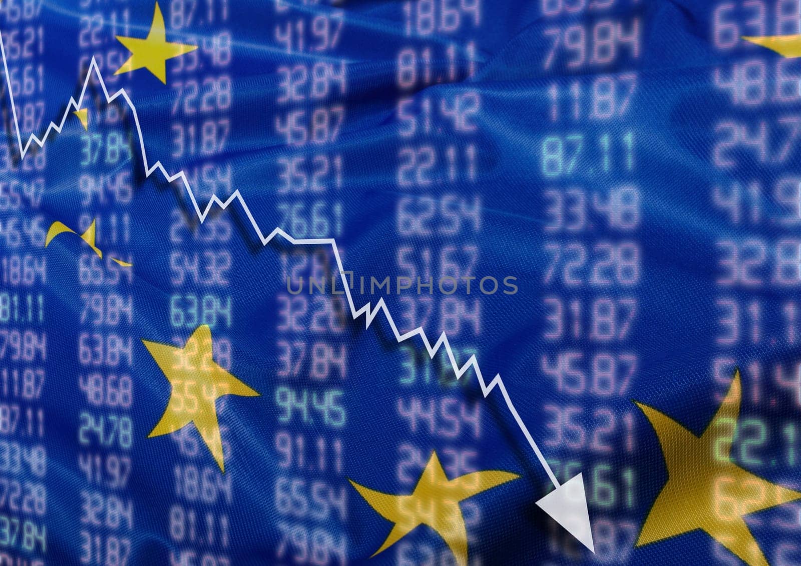 Crisis in Europe - Shares Fall Graph on European Union Flag