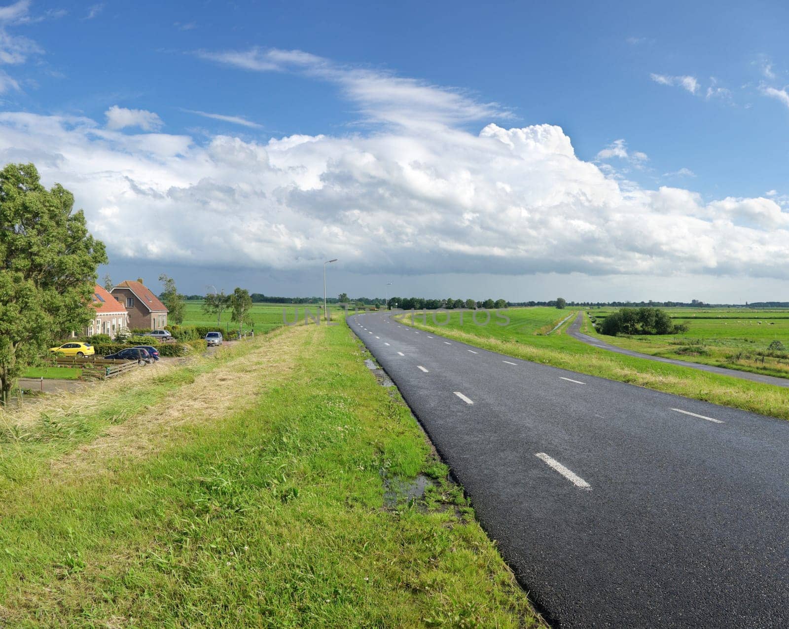 road over a dyke in a typical dutch polder landscape