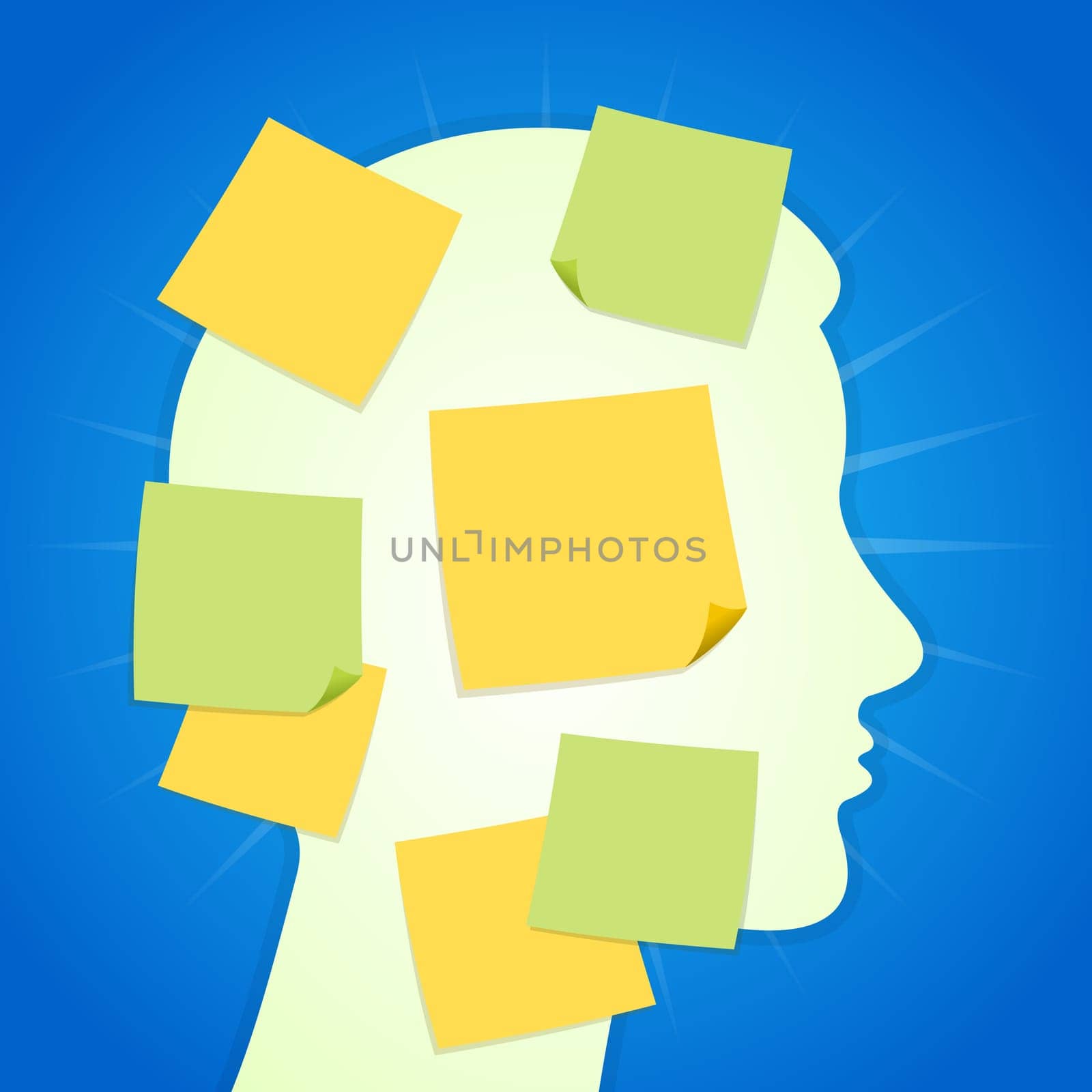Head silhouette full of yellow and green memo notes