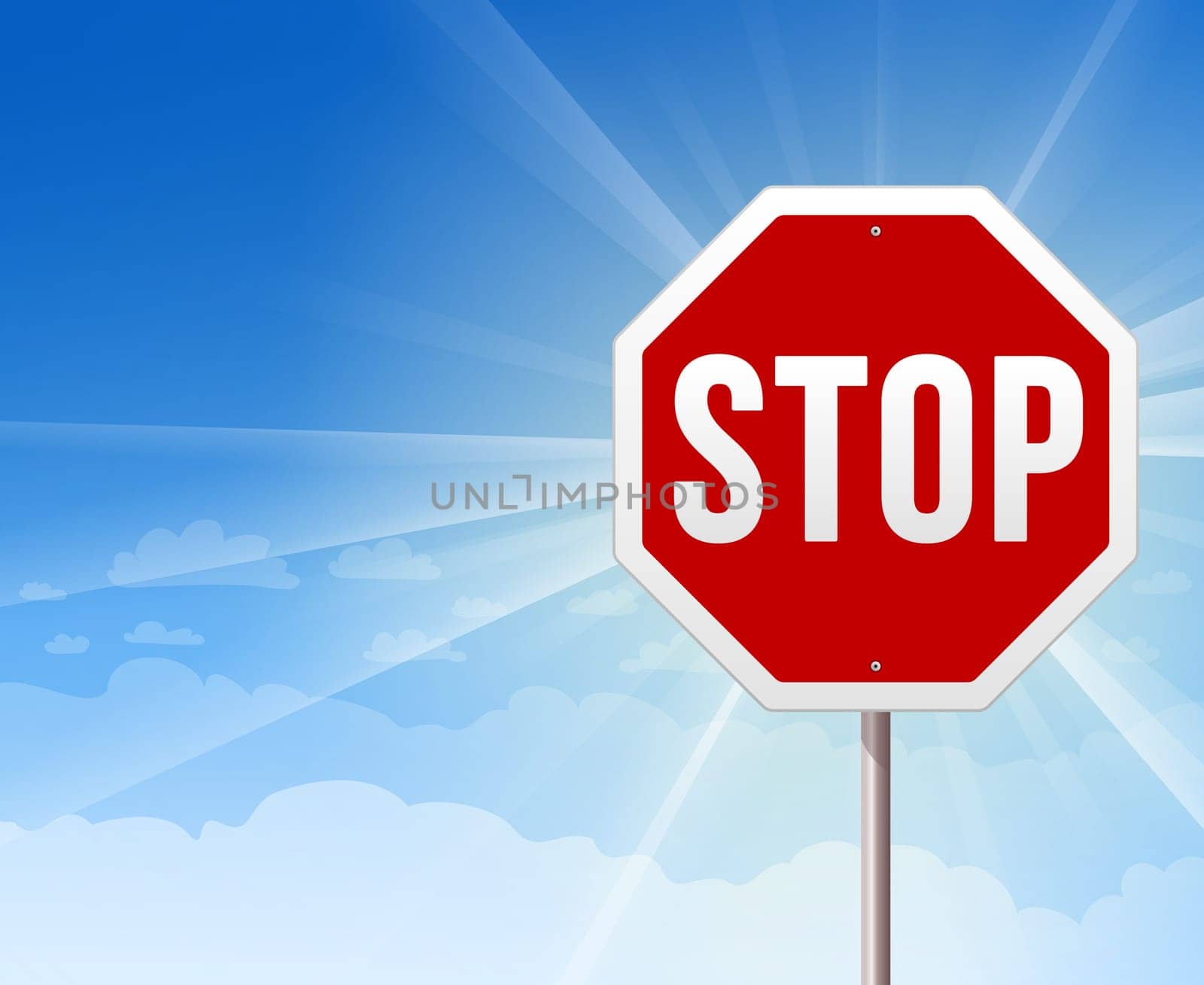 Illustration of Red Stop Sign on shiny blue background