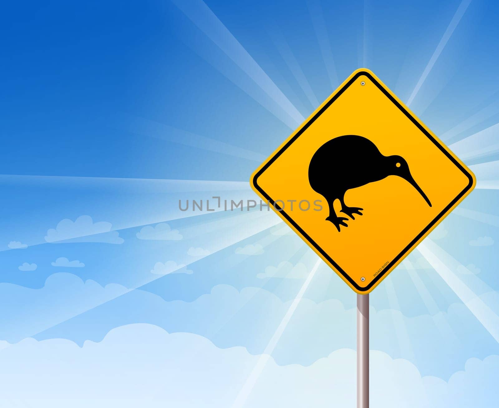 Illustration of bird from new zealand on sign with blue background