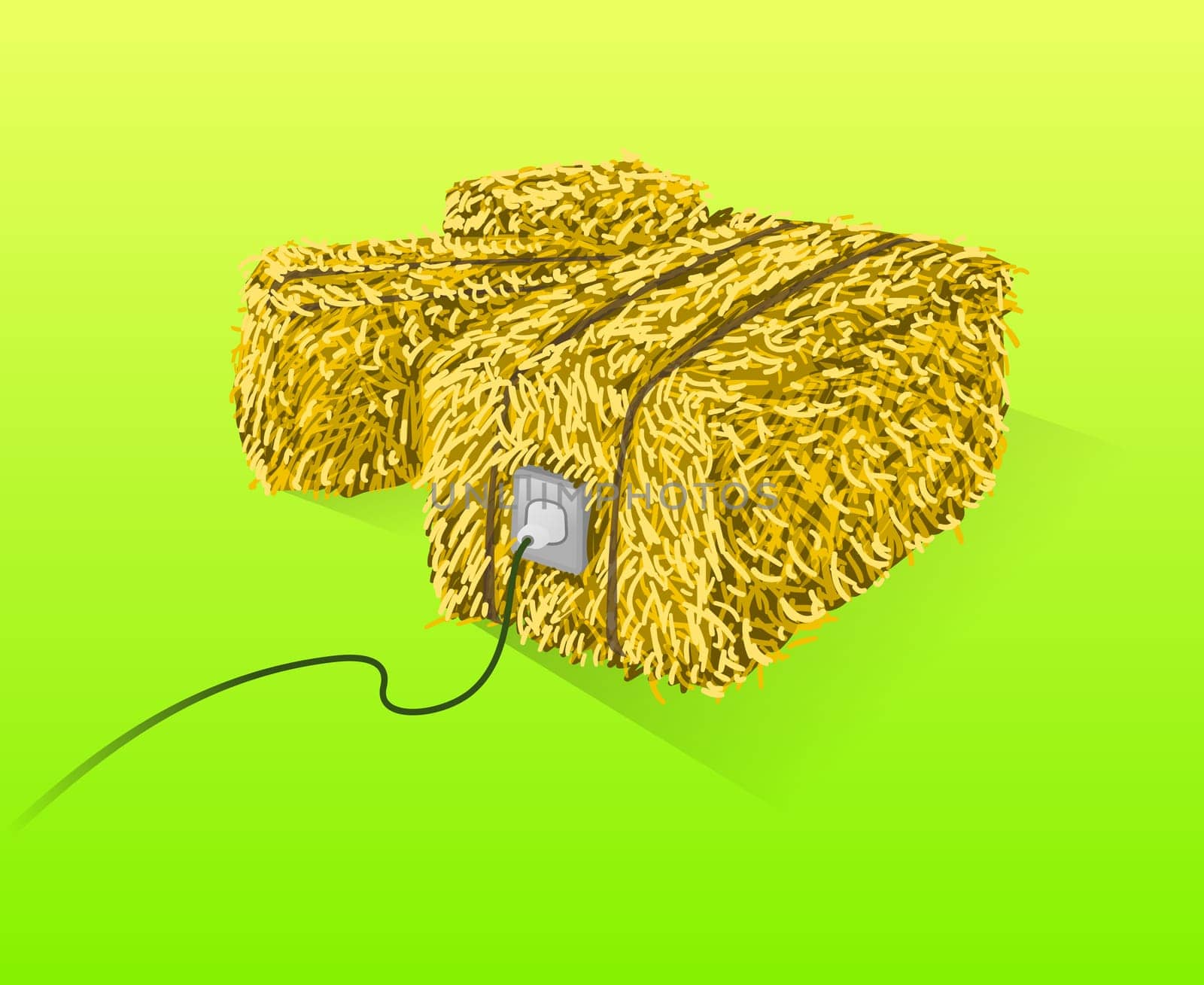 Handmade yellow straw bales on green background