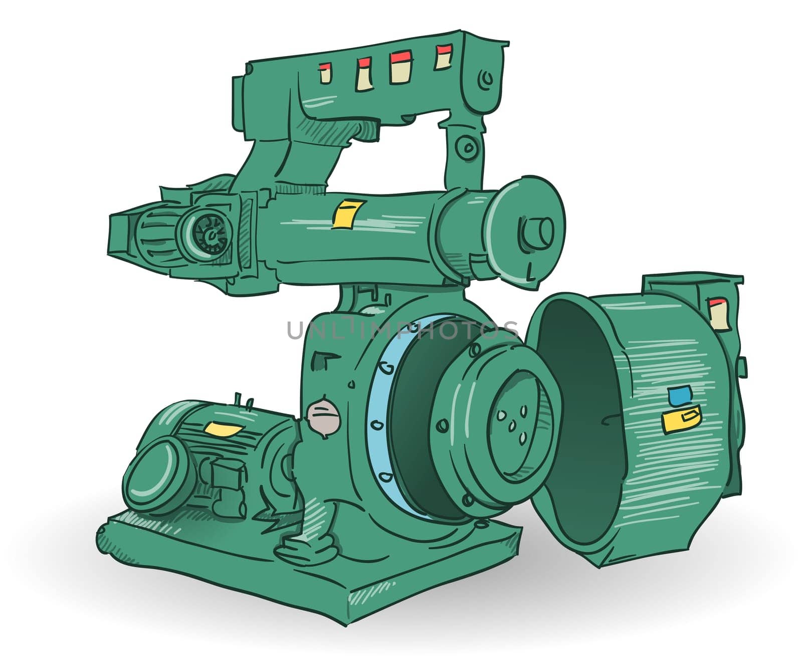 Sketch of pellets making machine made of steel in green color