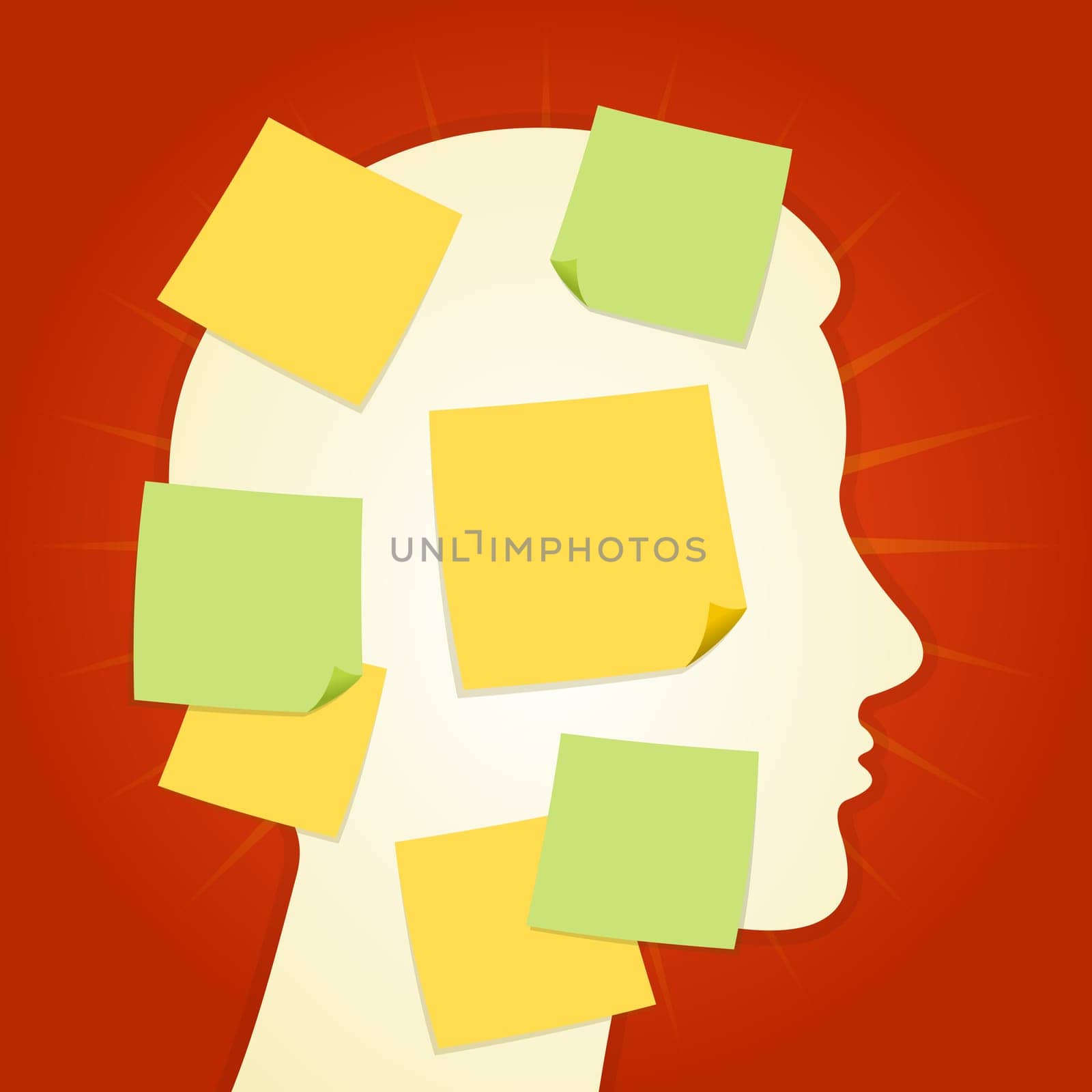 Head silhouette full of yellow and green memo notes