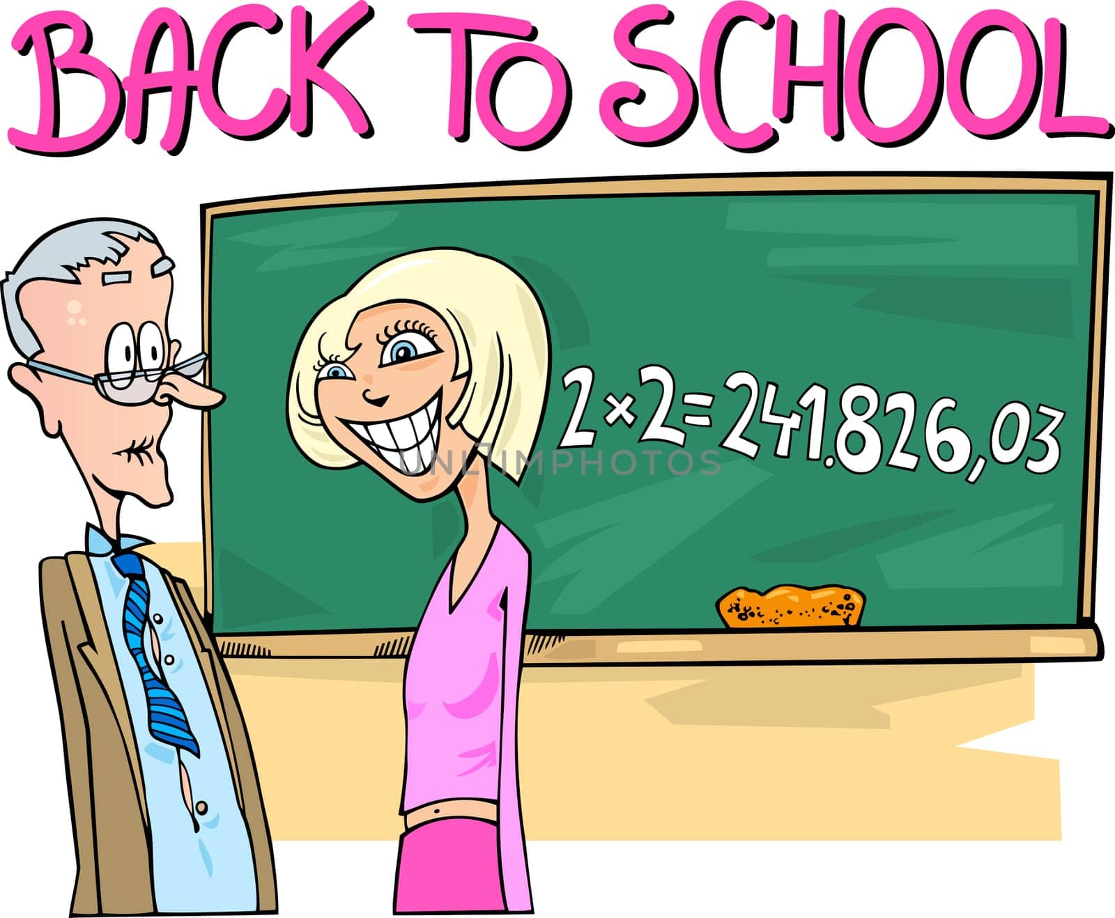 Back to School: Cartoon Humorous Illustration of Teenage Girl doing Mathematics Task at Blackboard and Surprised Teacher
