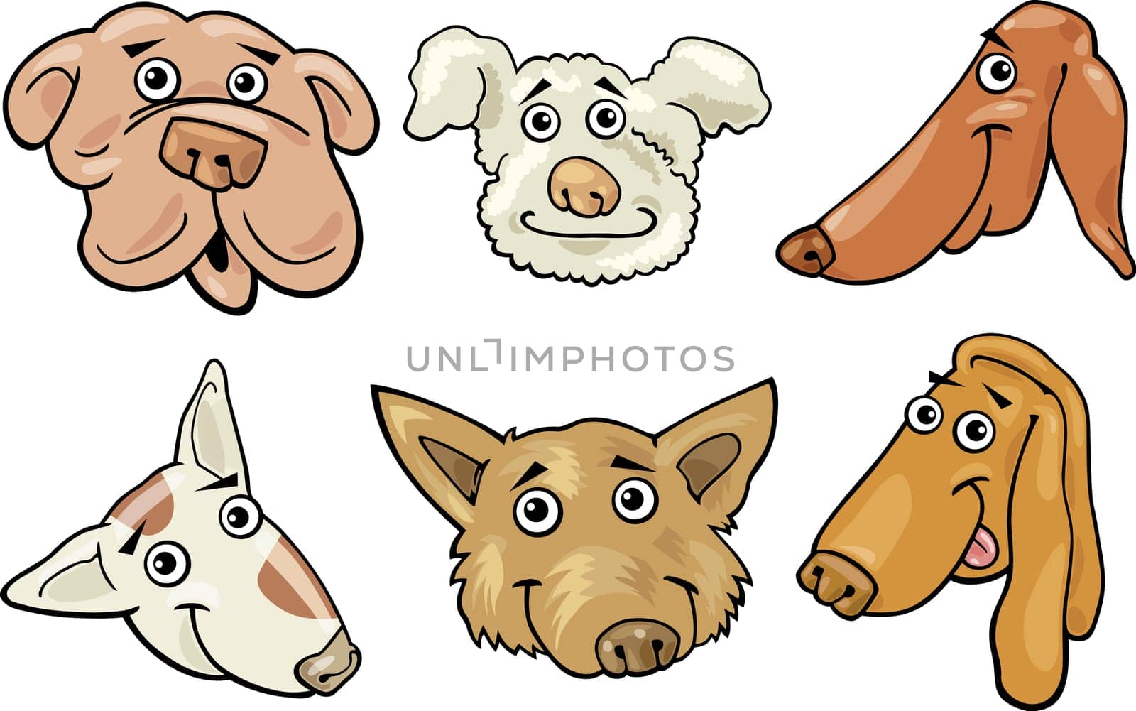Cartoon Illustration of Different Funny Dogs Heads Set