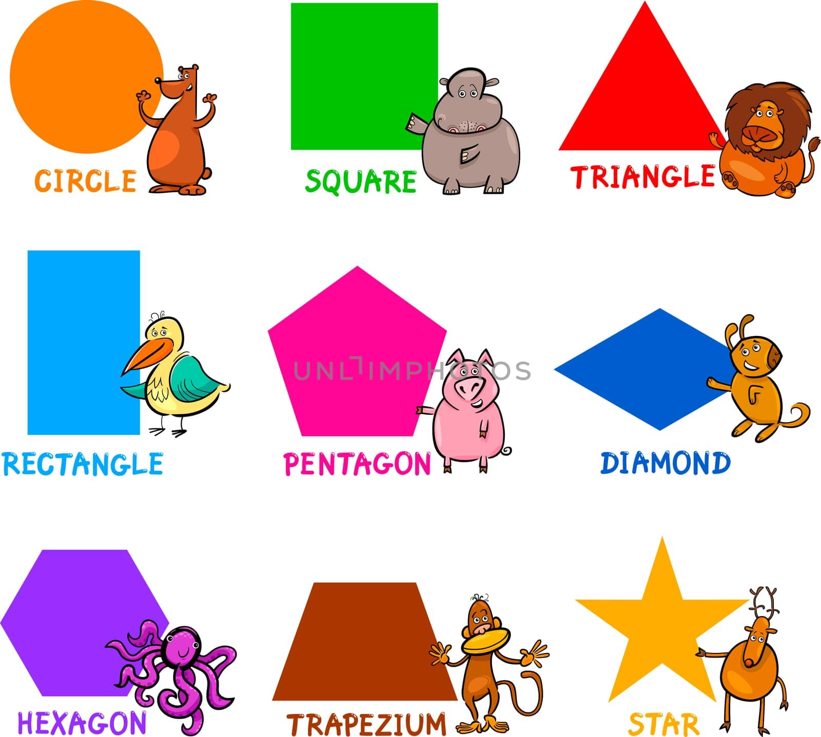 Cartoon Illustration of Basic Geometric Shapes with Captions and Animals Comic Characters for Children Education