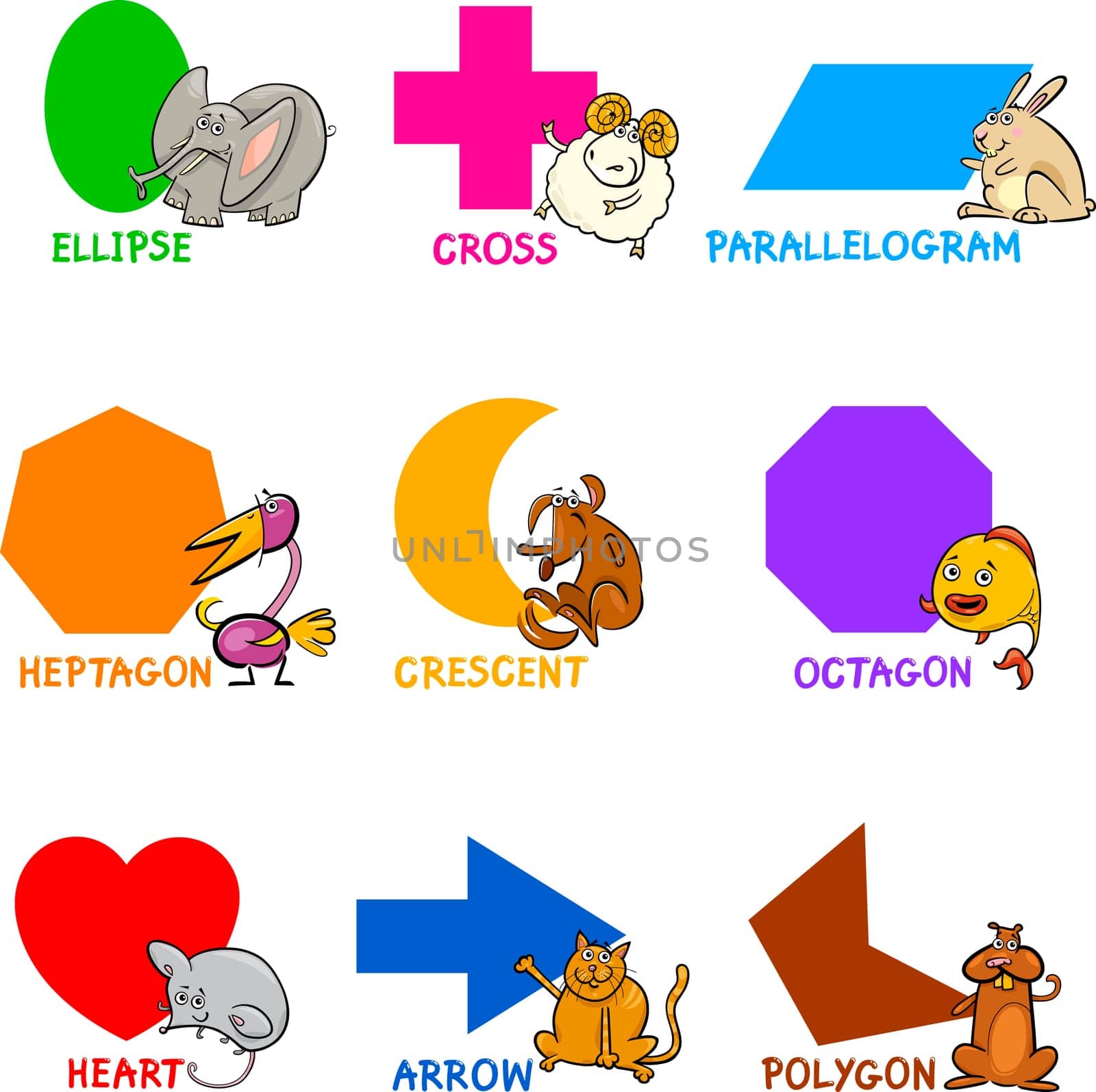 Cartoon Illustration of Basic Geometric Shapes with Captions and Animals Comic Characters for Children Education