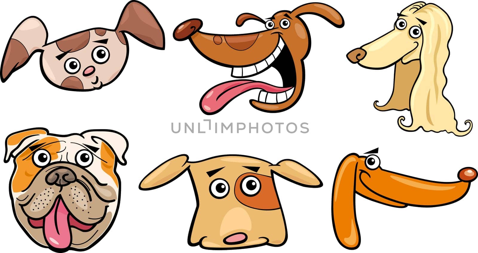 Cartoon Illustration of Different Funny Dogs Heads Set