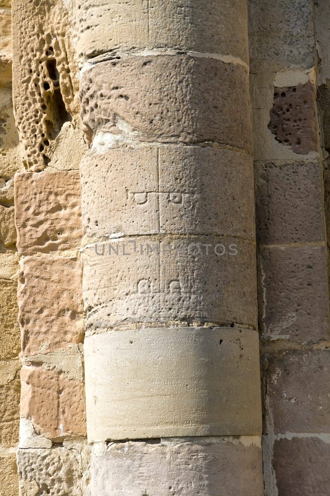 Celebrities stonecutter marks Eunate in Santa Maria Church, Navarra, Spain
