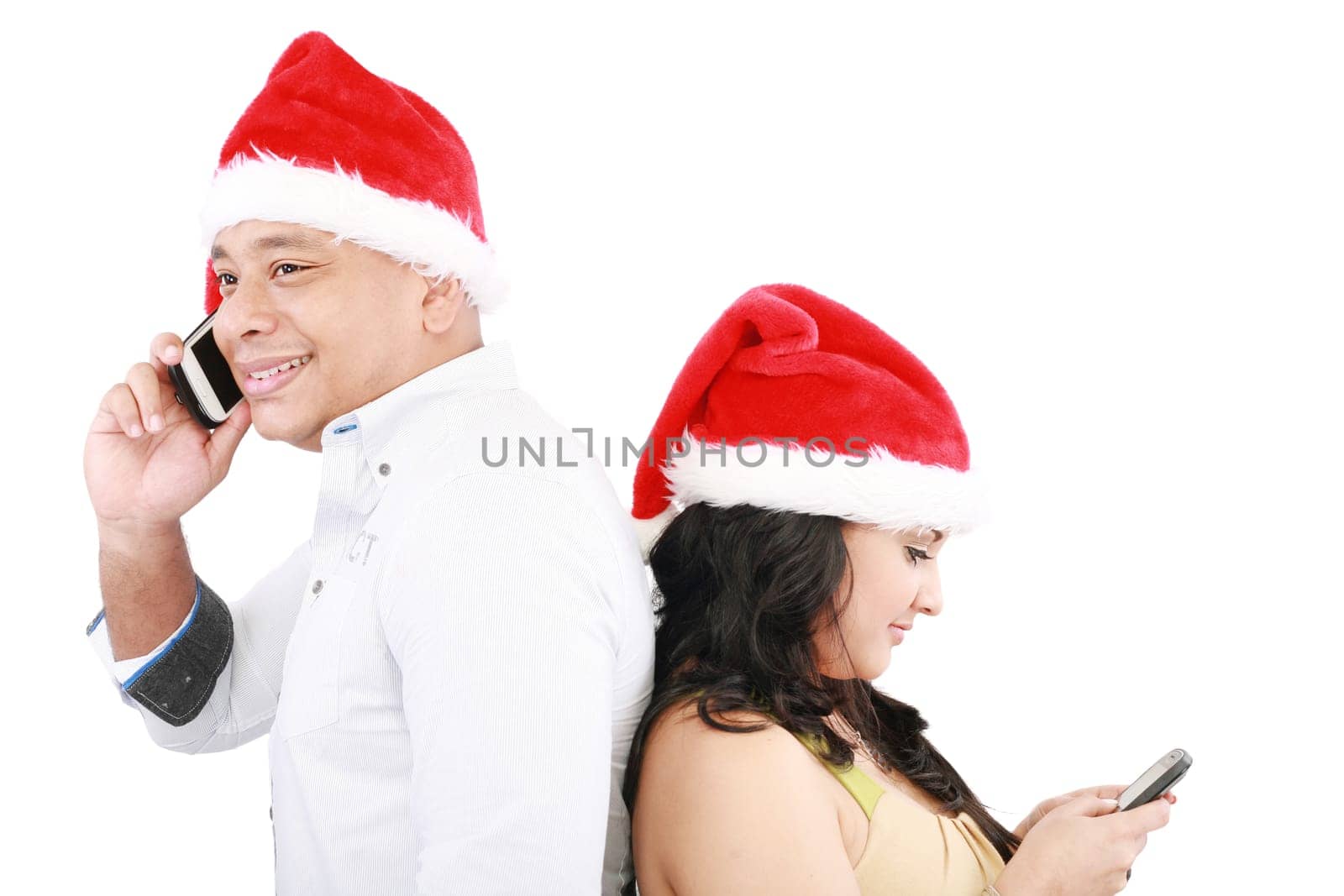 Happy Christmas people back to back isolated on white