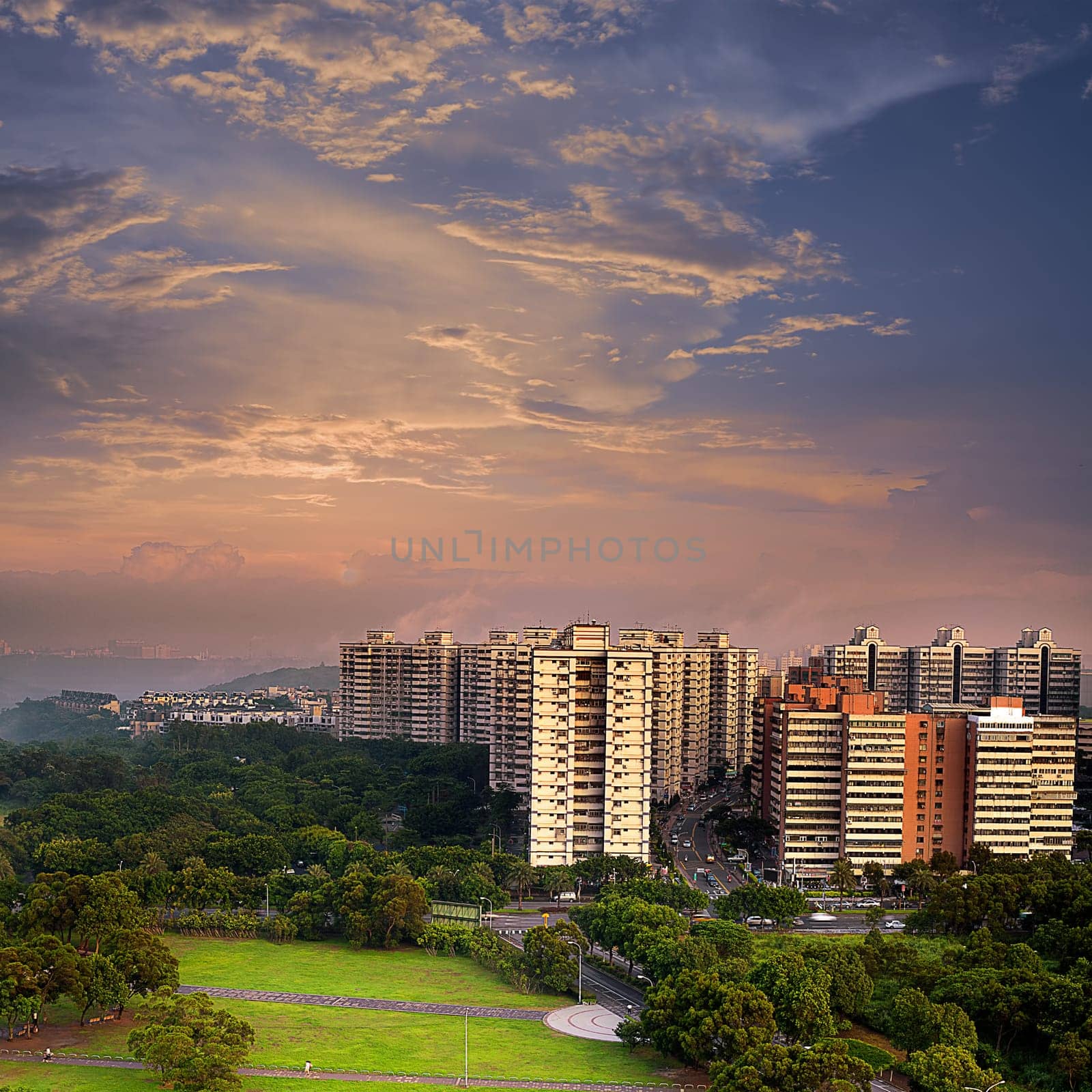 Nice view between city and park with nice sky