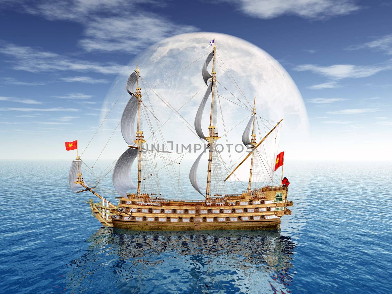 Sailing ship in front of a moon backdrop