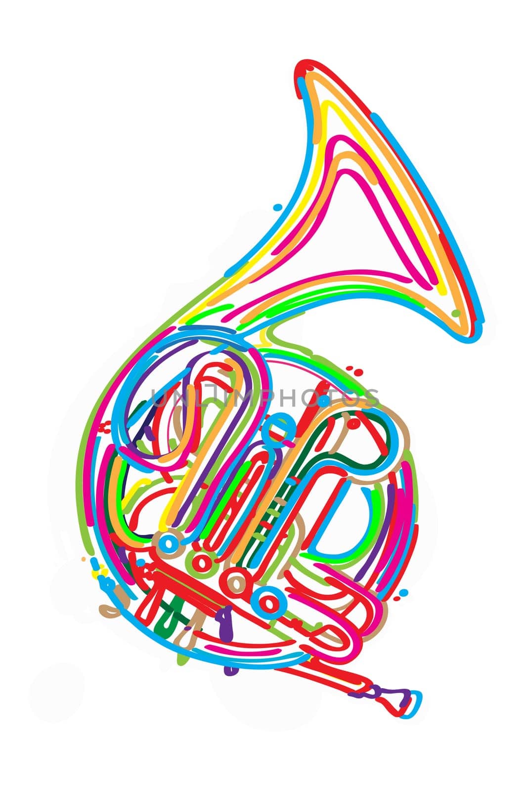 Stylized french horn against white background.