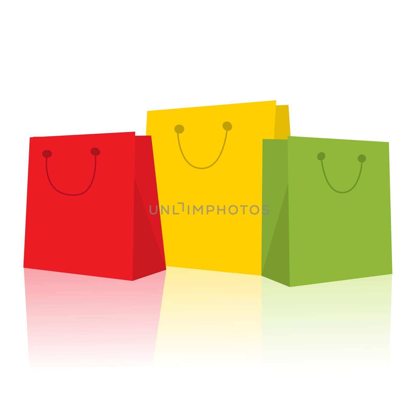 Three smiling shopping bags in red, green and yellow against white