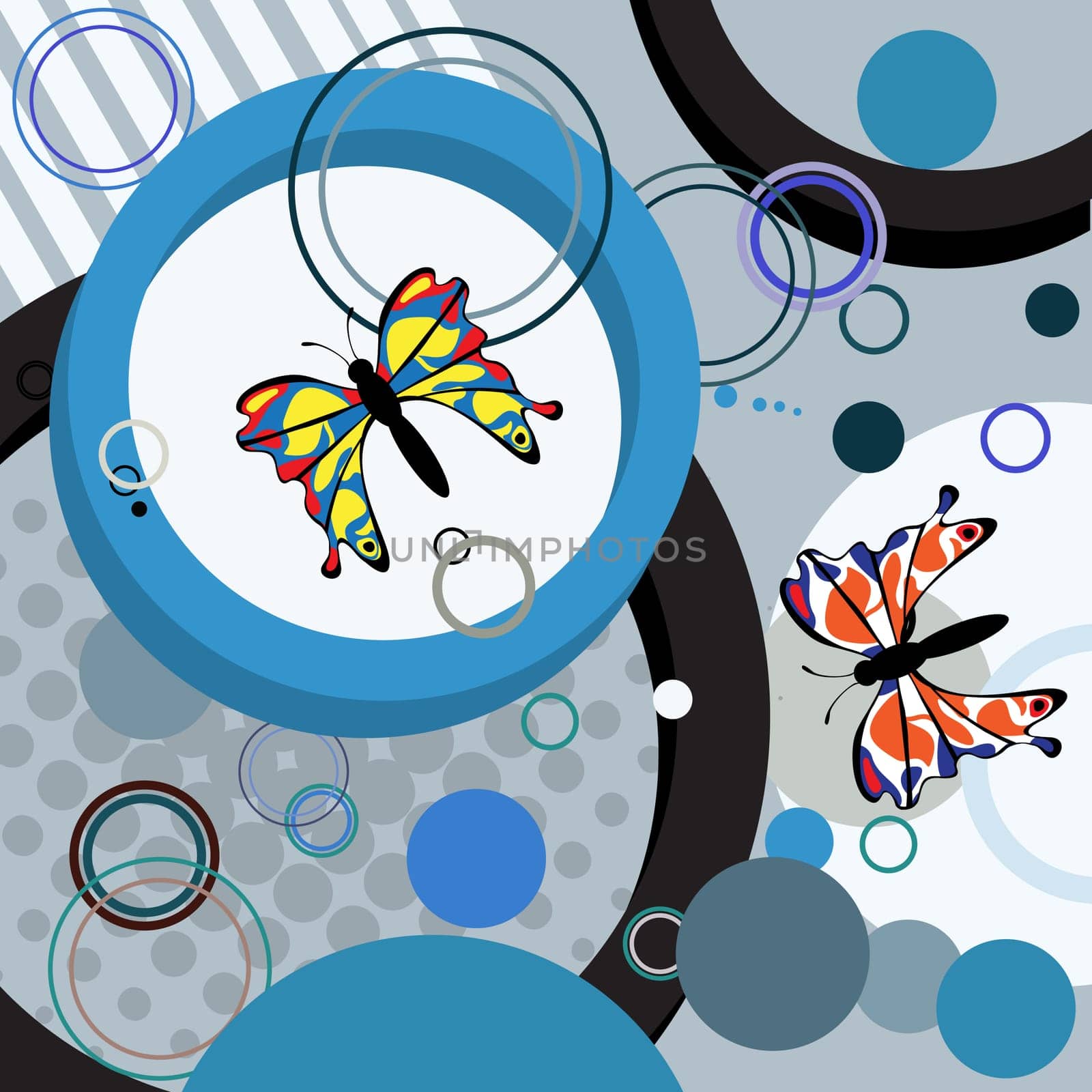 Abstract art composition with stylized butterflies and circles.