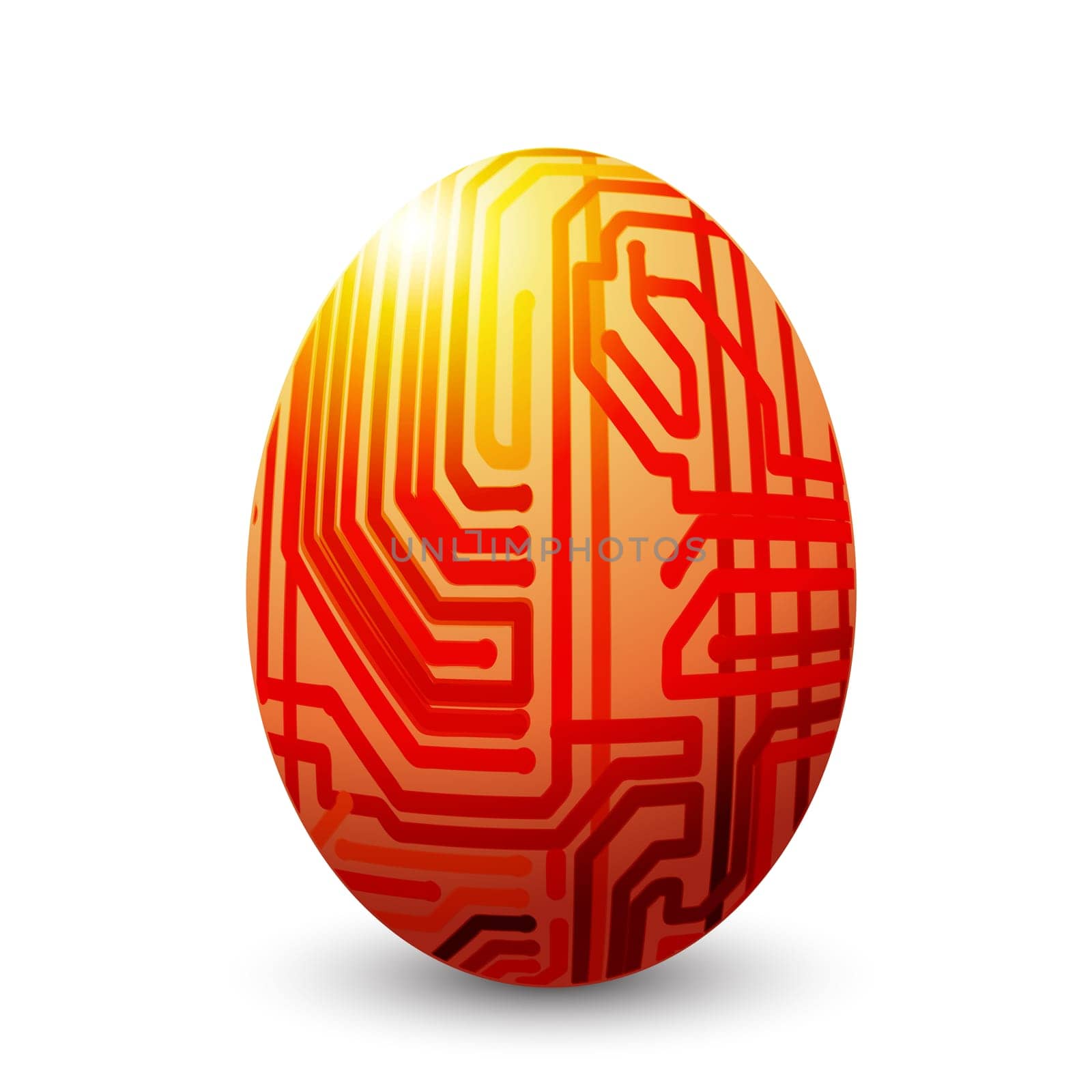 Illustration of a Easter Egg painted as an electronic circuit board over white background.