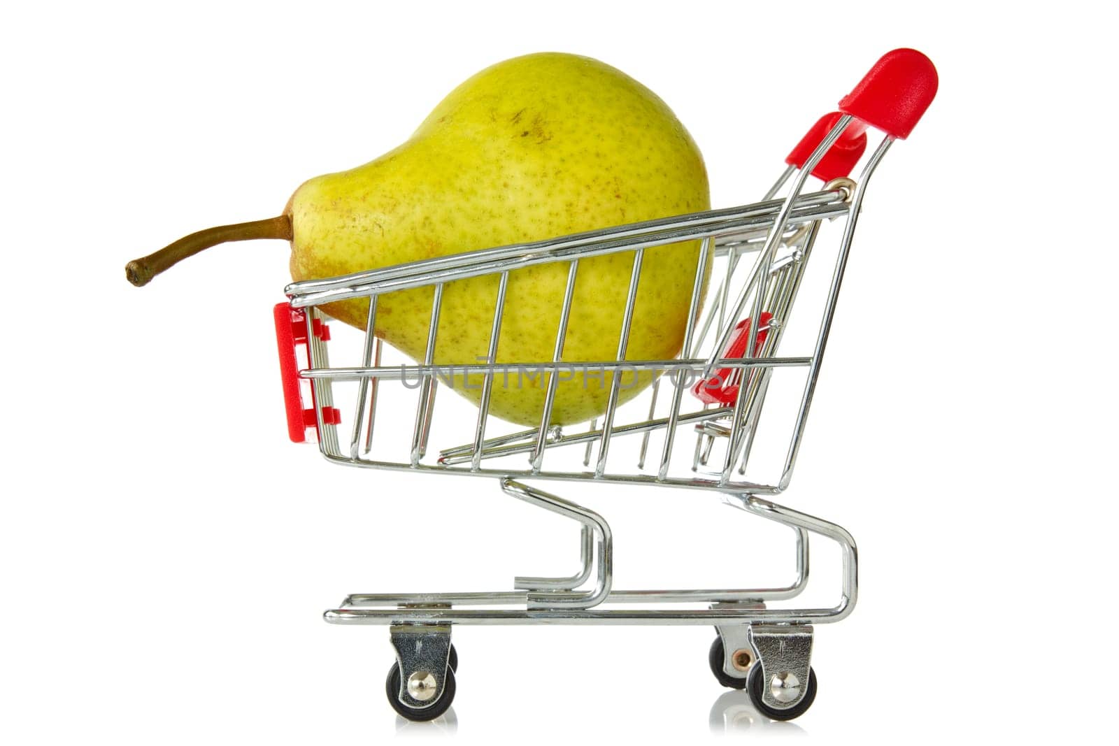 shopping cart with green pear on white background