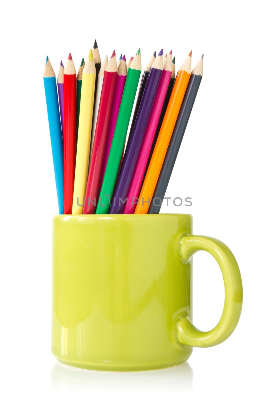 green cup with pencils  on a white background