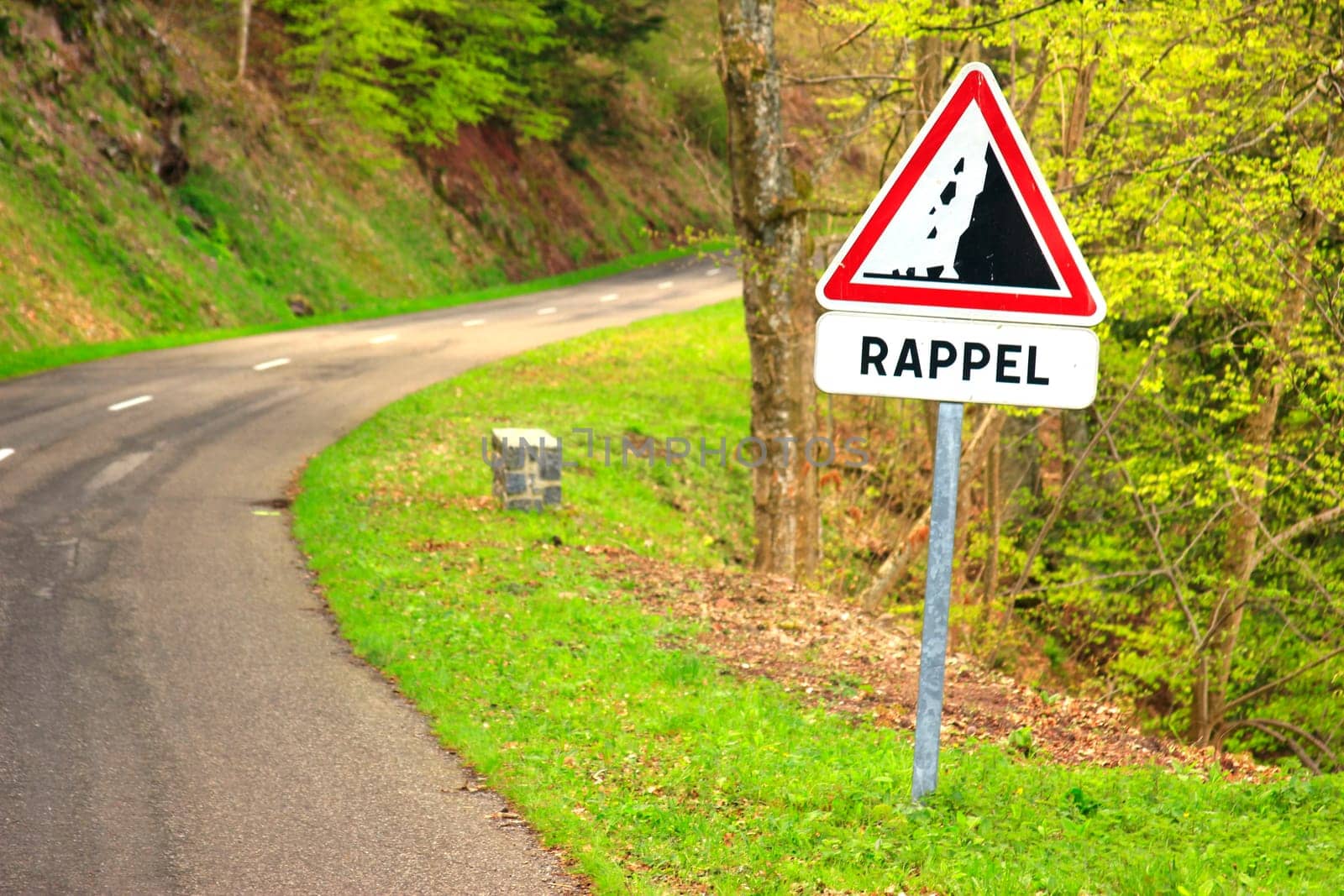 Country road in the Vosges,Alsace,France with the French road sign "Steinschlaggefahr"" and the additional sign ""RAPPEL"""