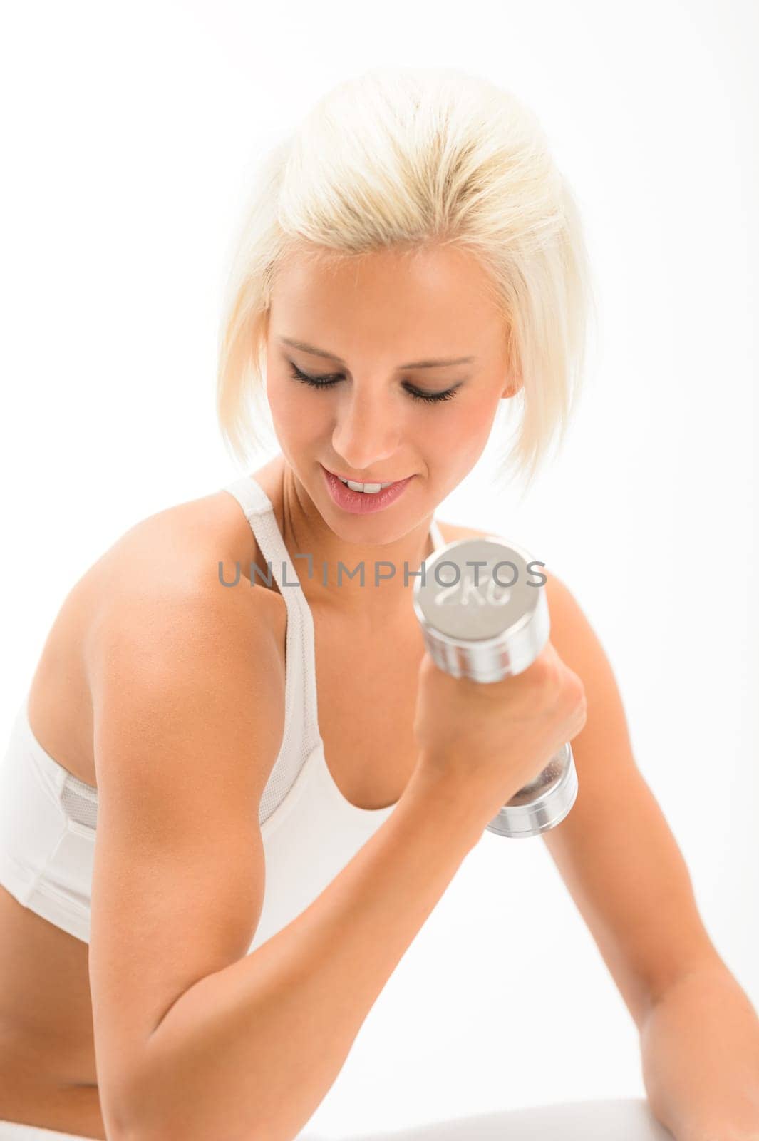 Sportive blond woman exercise biceps with weights isolated on white