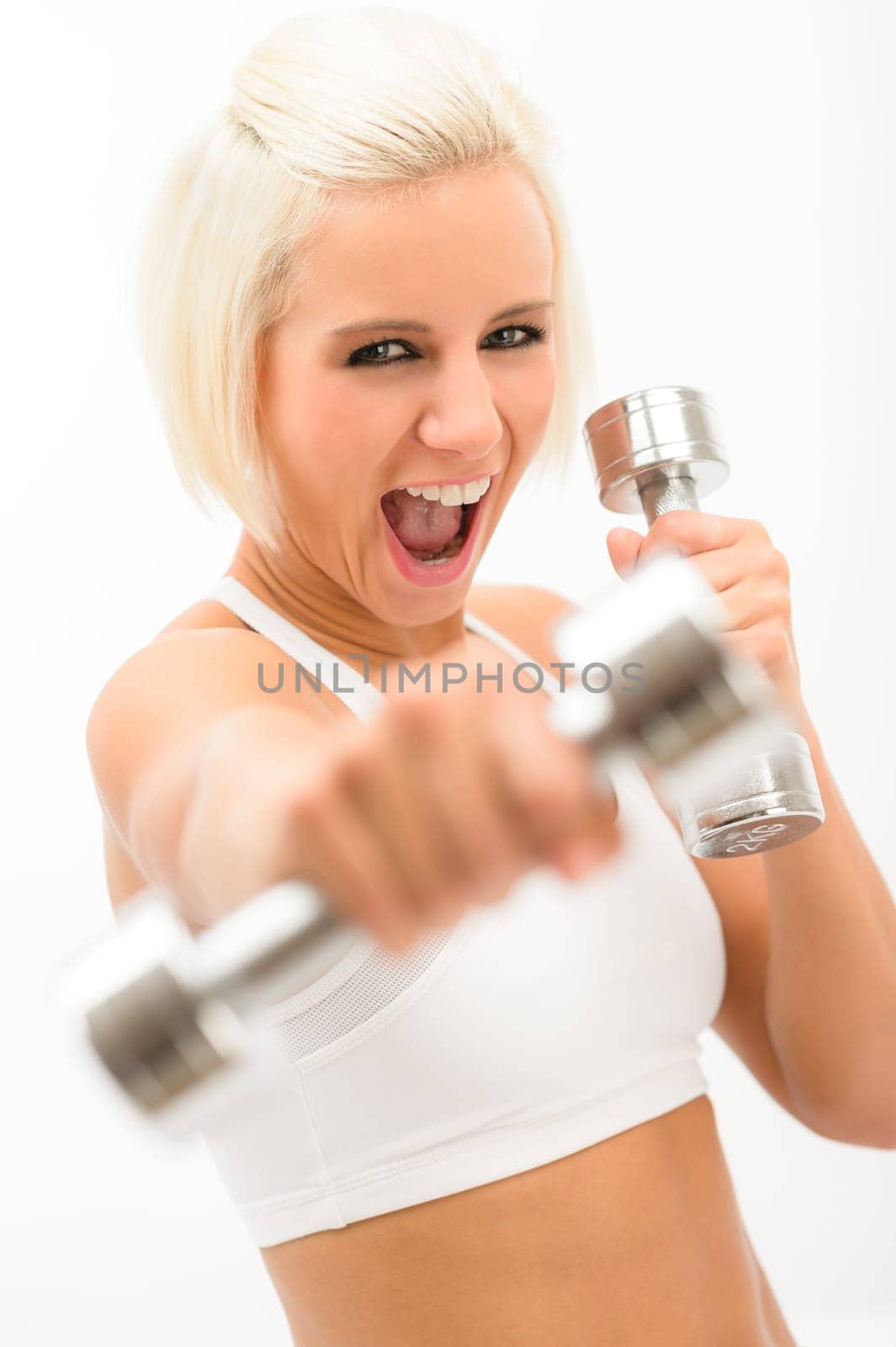 Shouting fitness woman exercise biceps with weights isolated on white