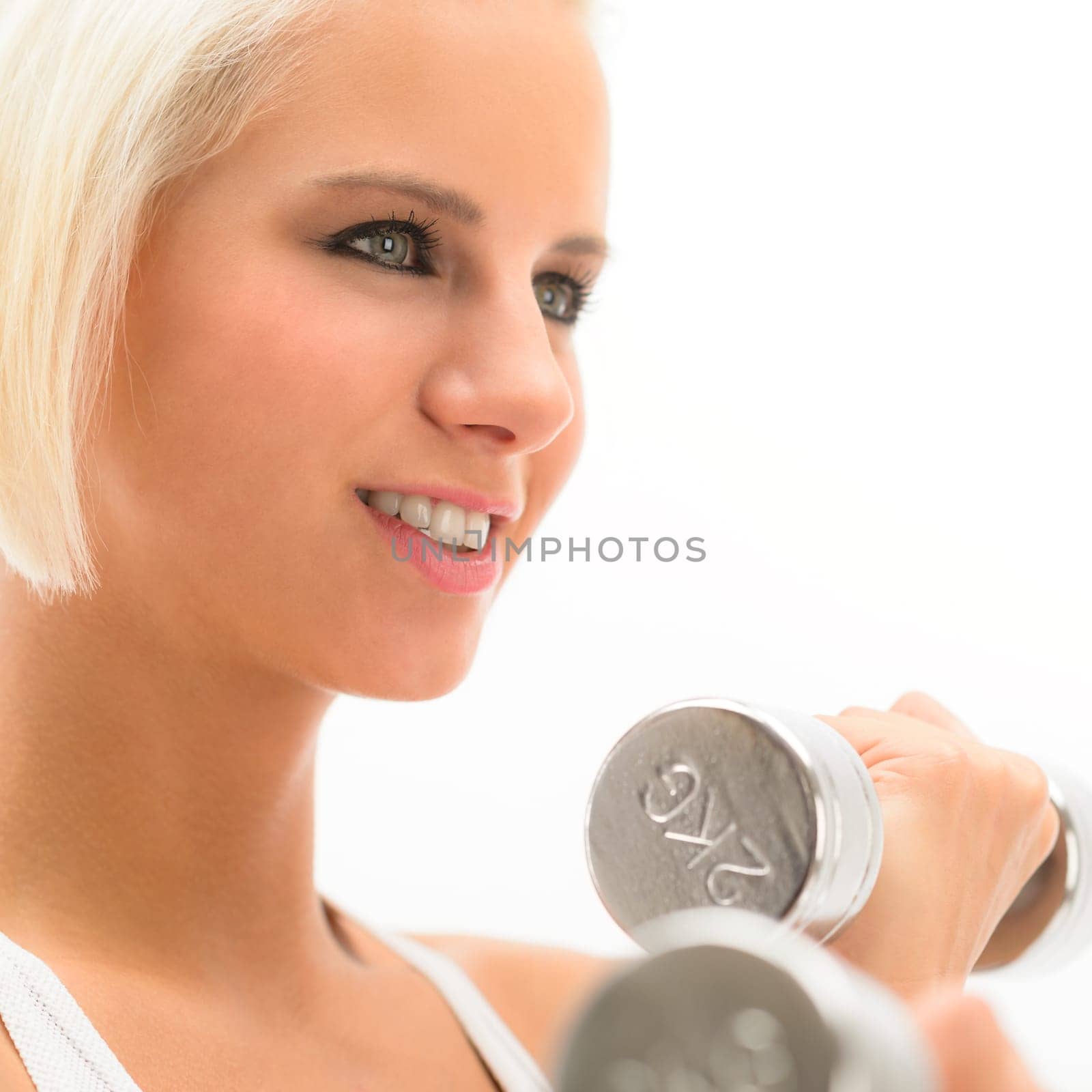 Sportive blond woman exercise biceps with weights isolated on white