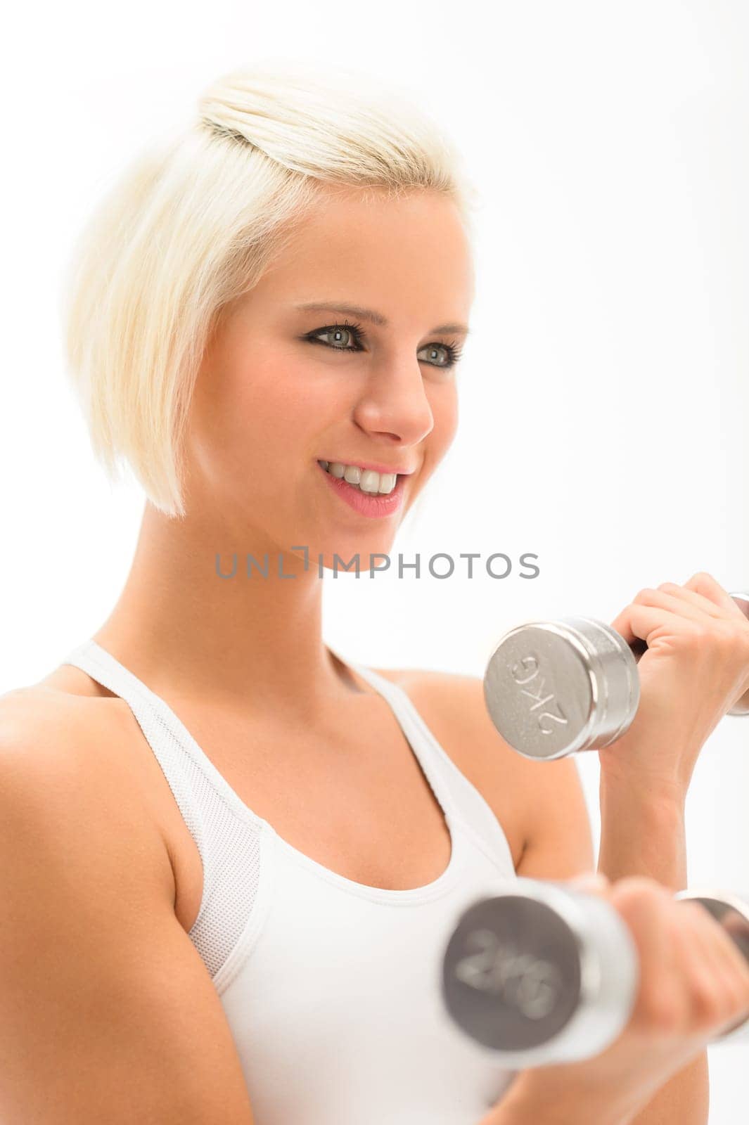Sportive blond woman exercise biceps with weights isolated on white