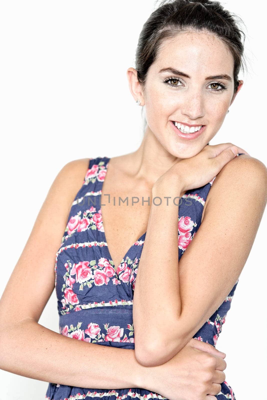 Beautiful young woman wearing a blue summer dress