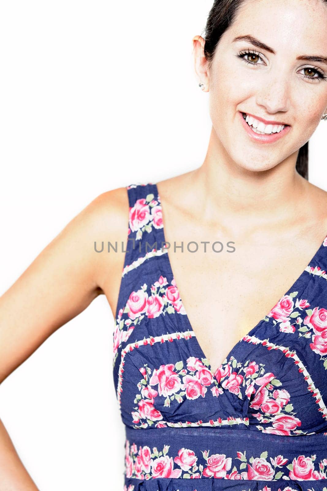 Beautiful young woman wearing a blue summer dress