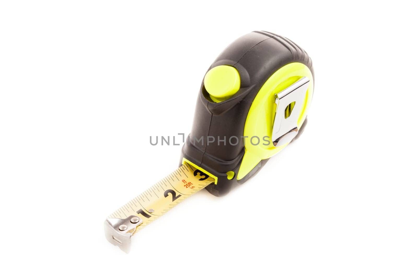 Isolated image of a black and yellow tape measure