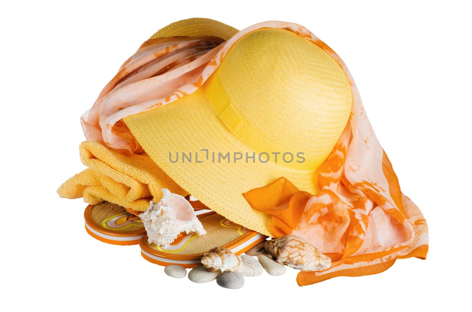 beach set hat and slippers, isolated on white