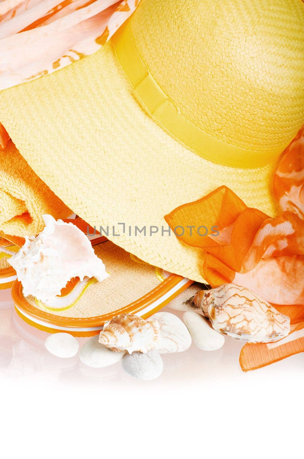 beach set hat and slippers, isolated on white