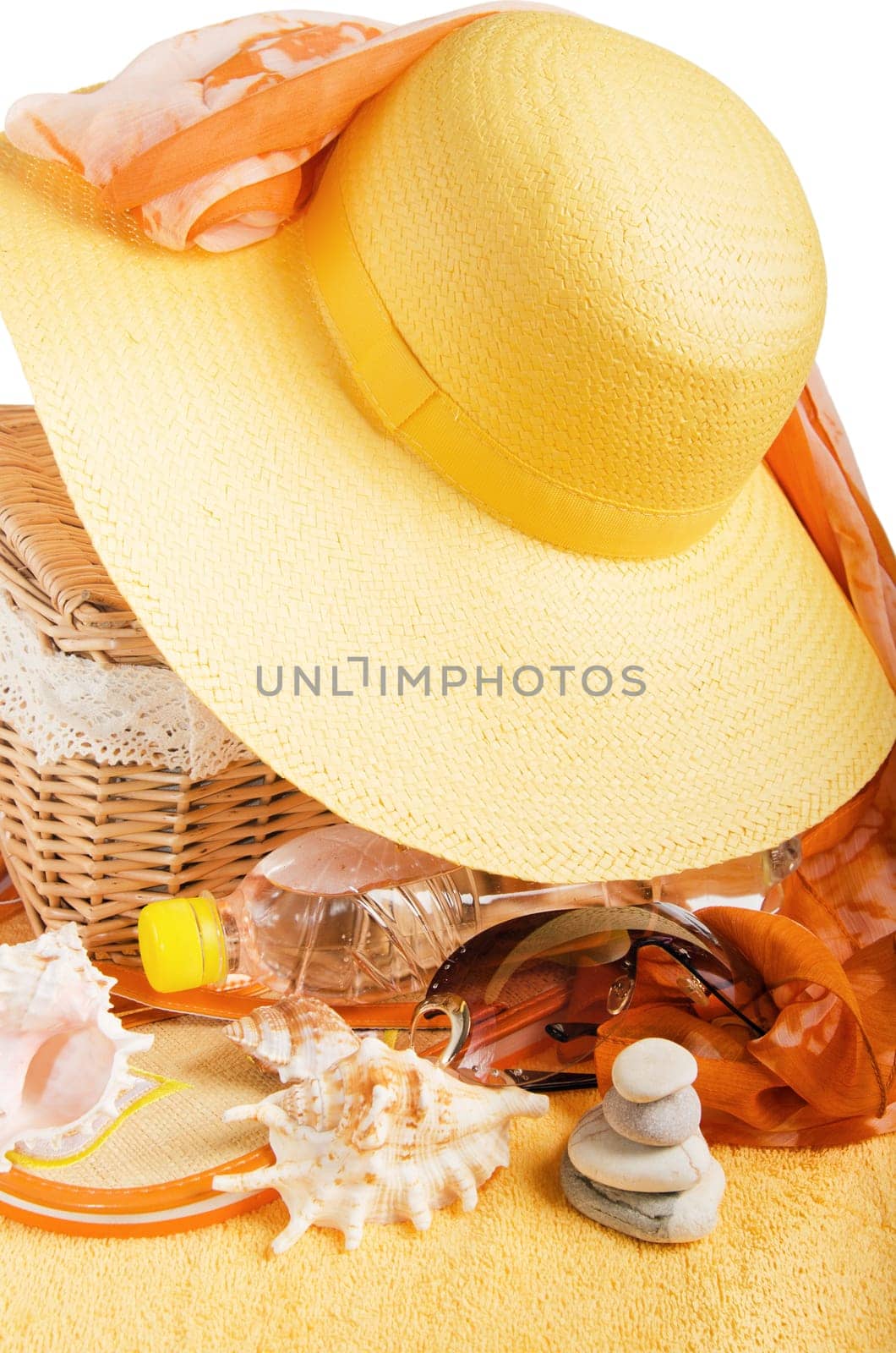 Beach items isolated on white background conceptual image of summertime vacation
