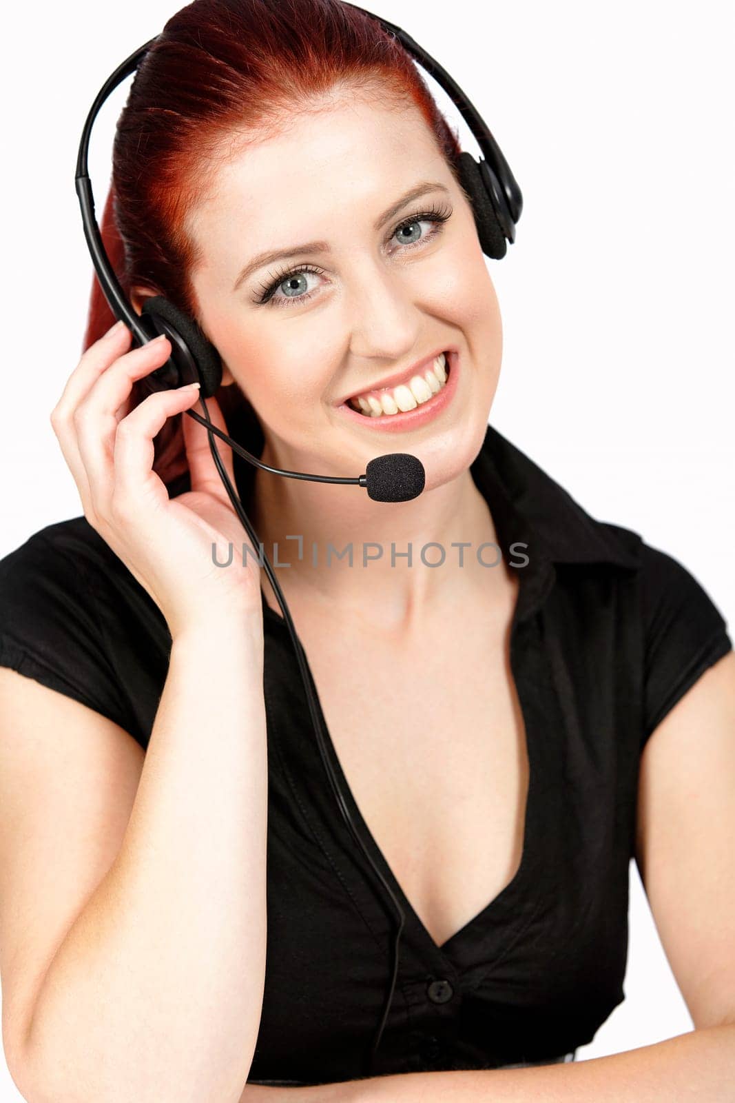Professional woman talking on a headset in her office at work. With white background