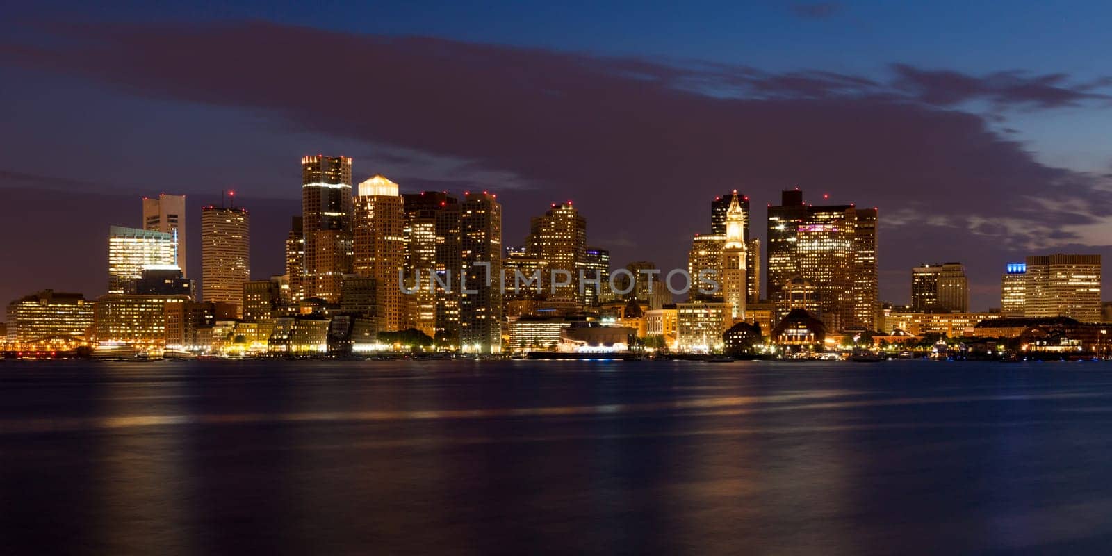 Boston skyline by night from East Boston, Massachusetts - USA