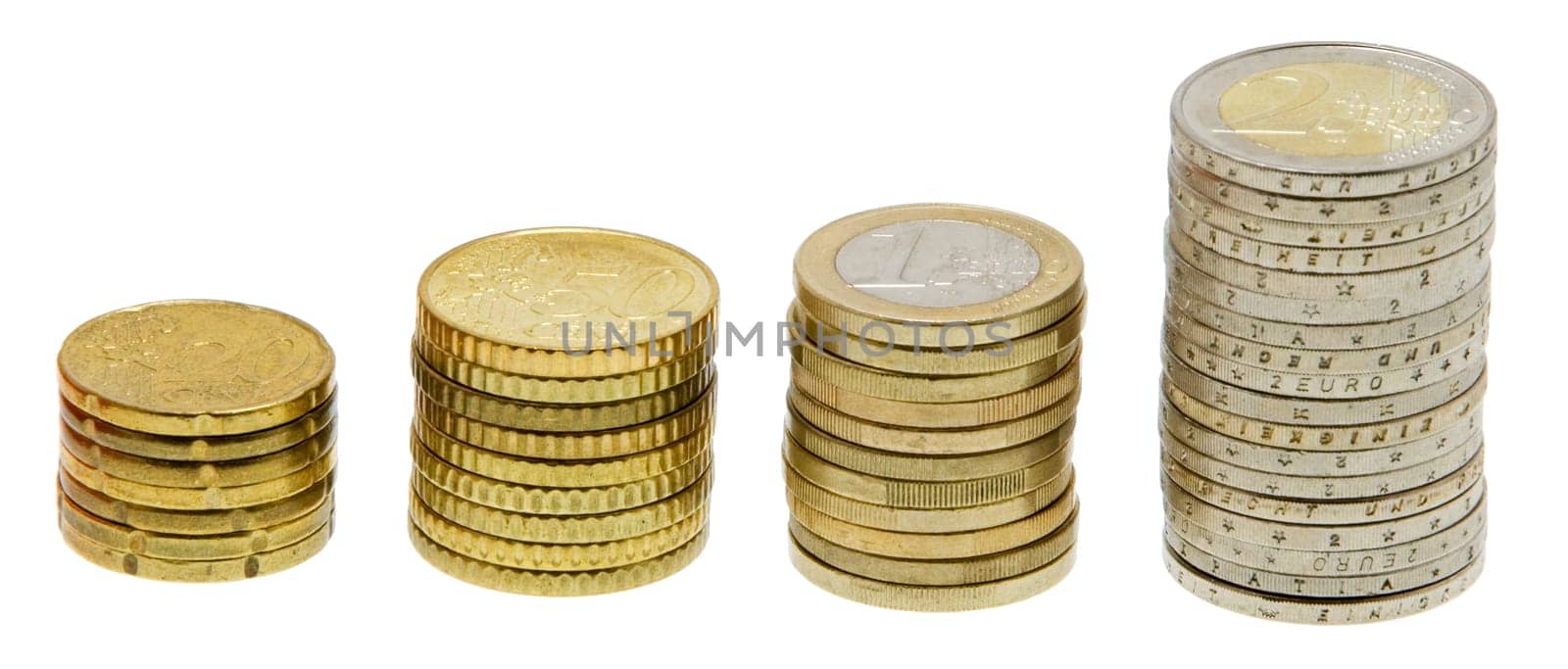 four stacks of euro money coins