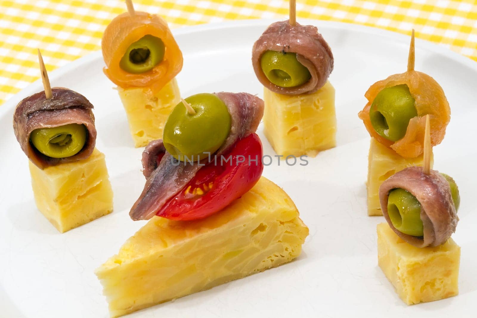 Delicious Appetizer Plate with Salmon, anchovies and Olives. Spanish tortilla mounted