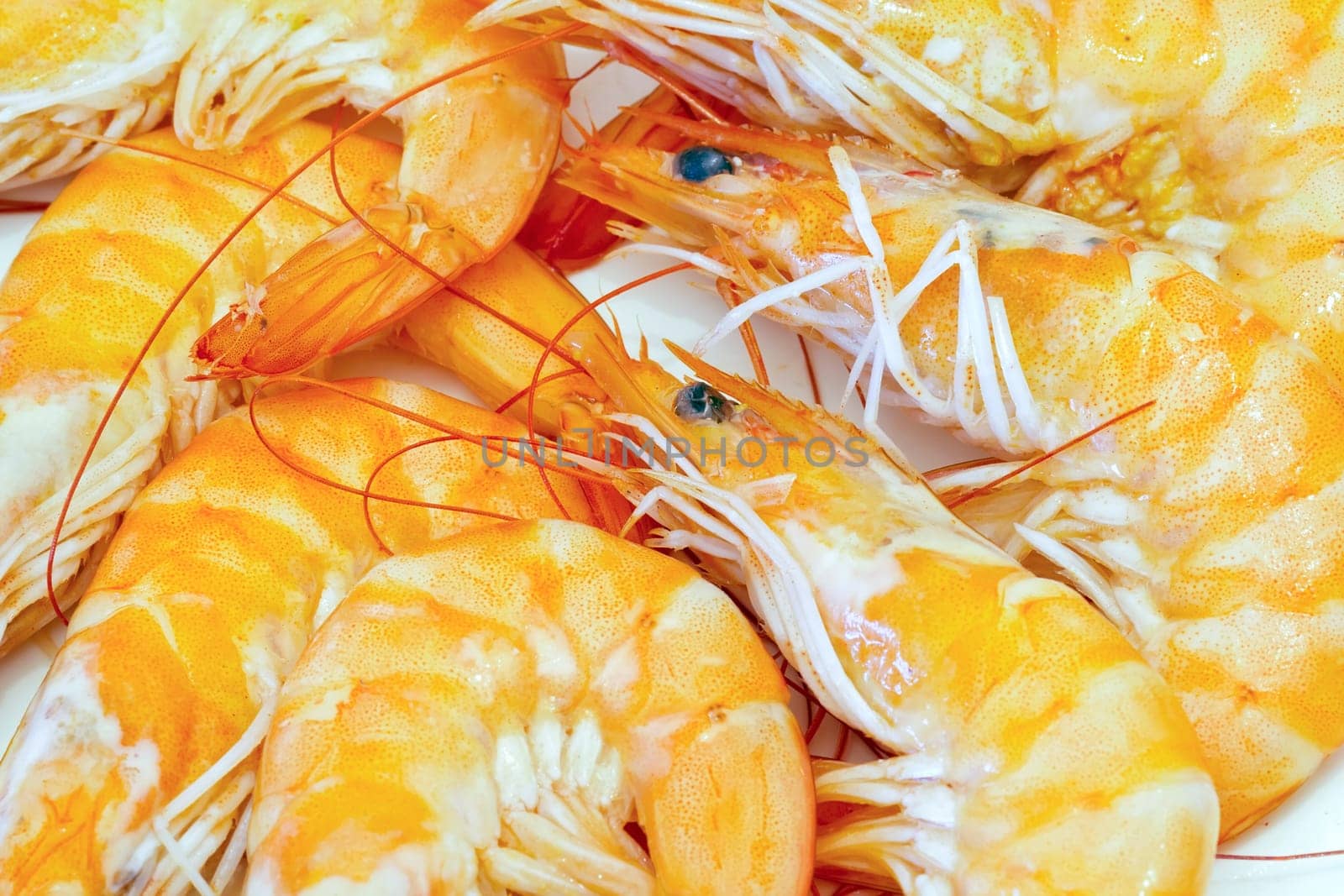 Pile of cooked and peeled shrimp. Detail of the heads and eyes of this seafood. Presented in plate